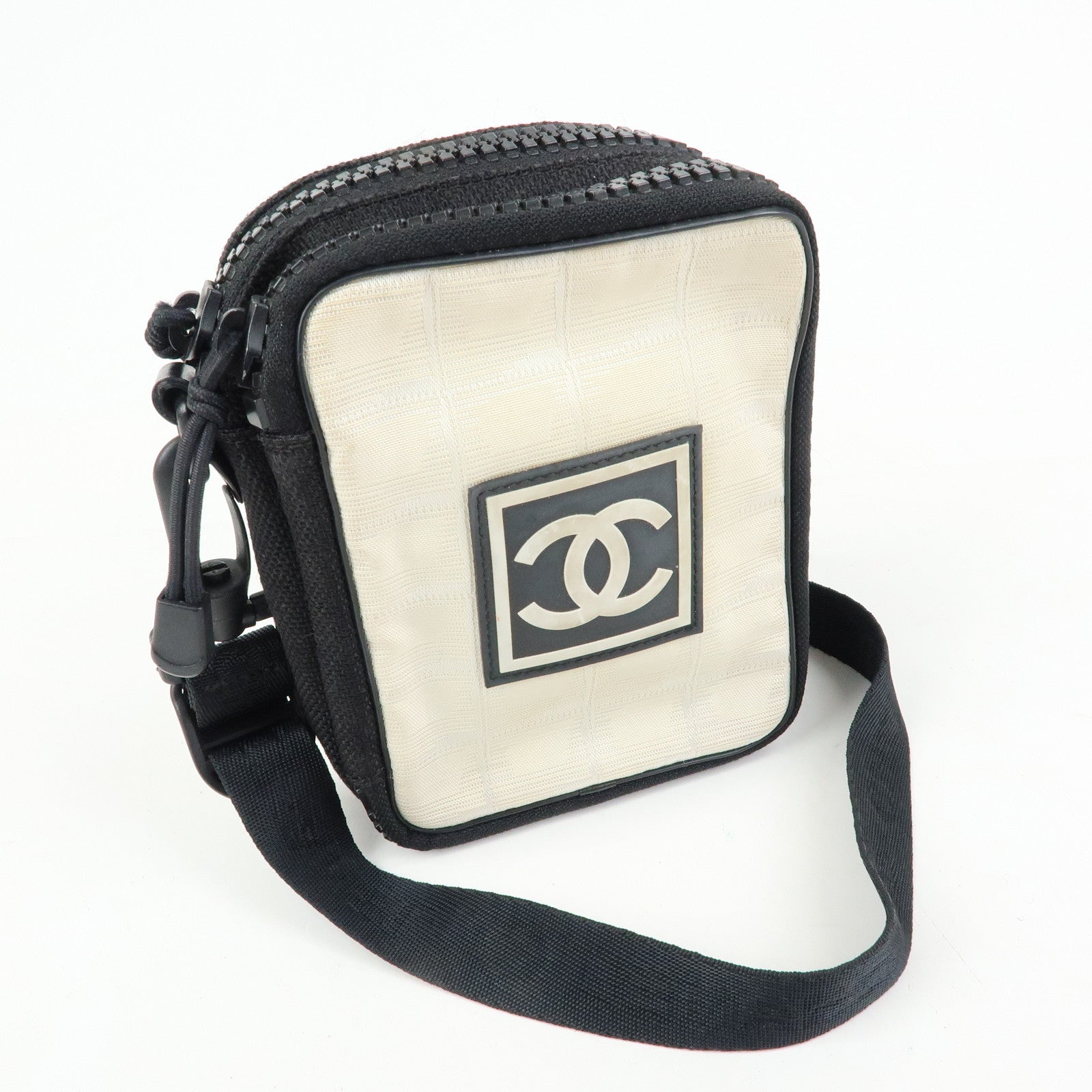 CHANEL New Travel Line Nylon Jacquard Shoulder Bag Beige Black