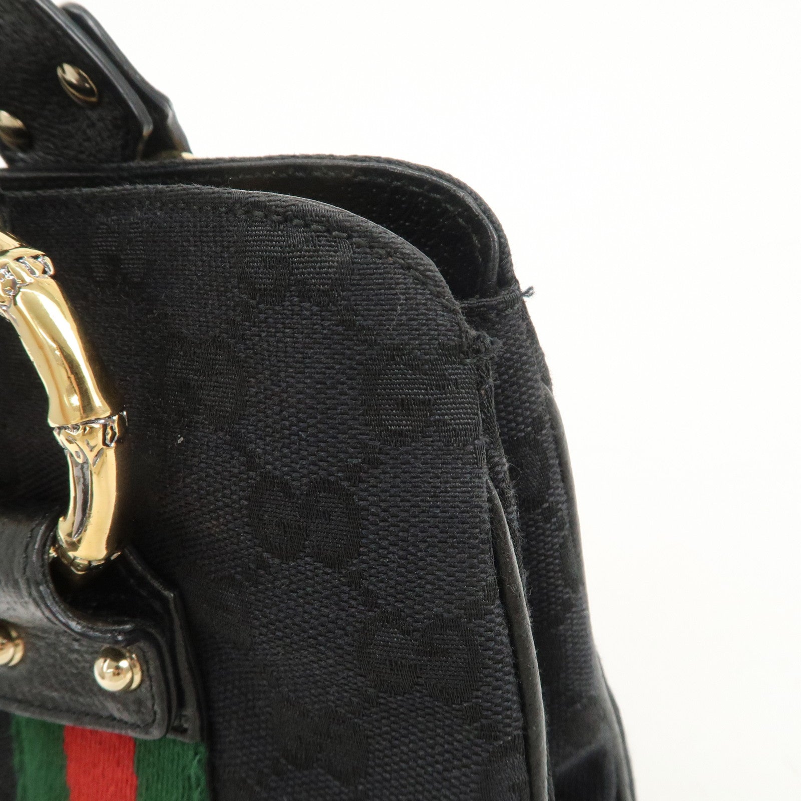 GUCCI Sherry Canvas Leather Tote Bag Hand Bag Black 131324 Used