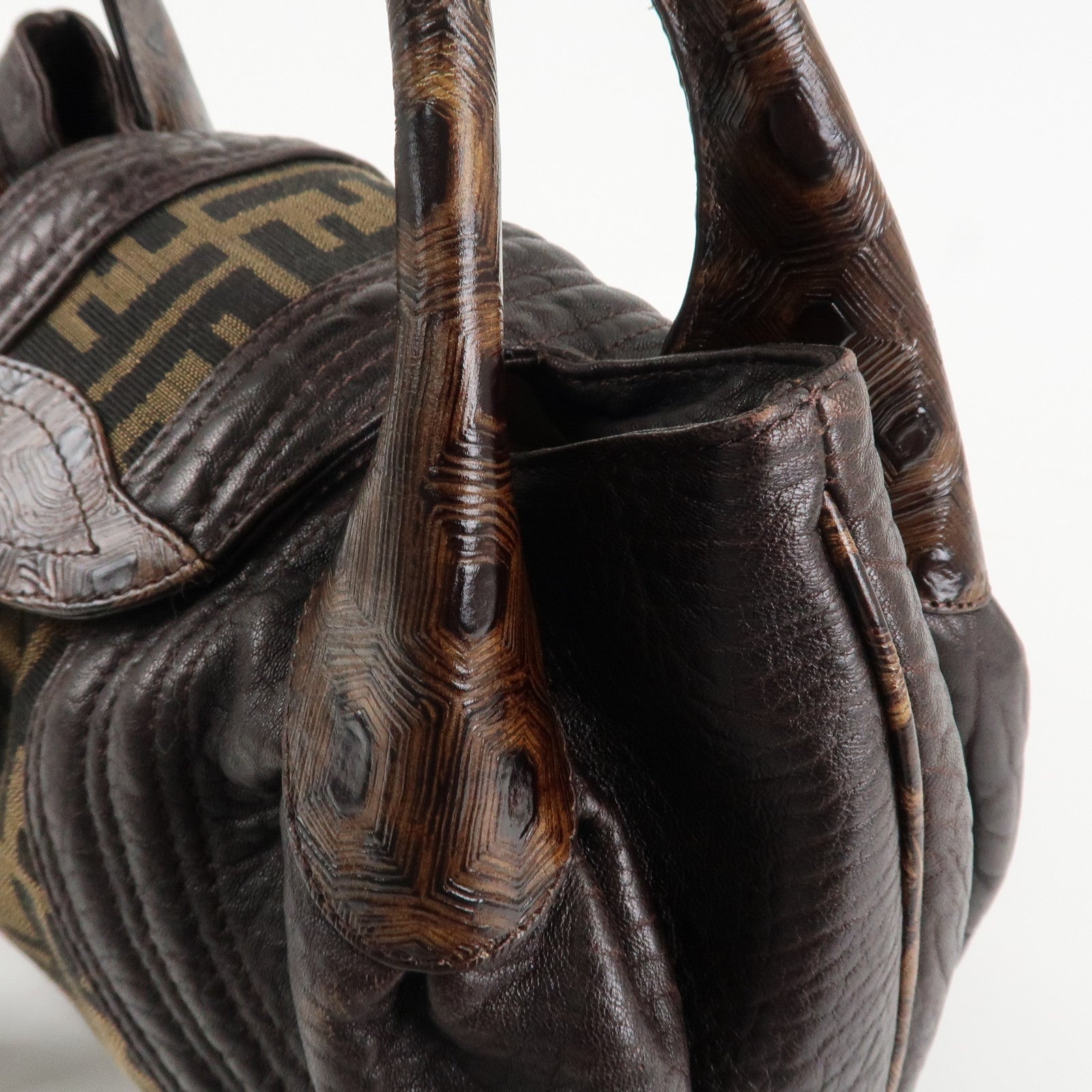 FENDI Zucca Mini Spy Canvas Leather Hand Bag Brown Black 8BR589 Used