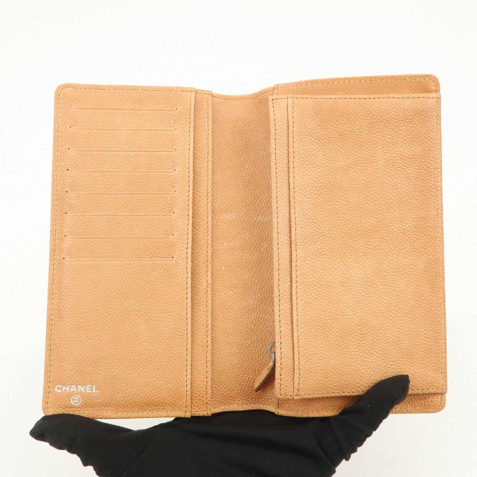 CHANEL Logo Caviarskin Flap Long Wallet Light Brown