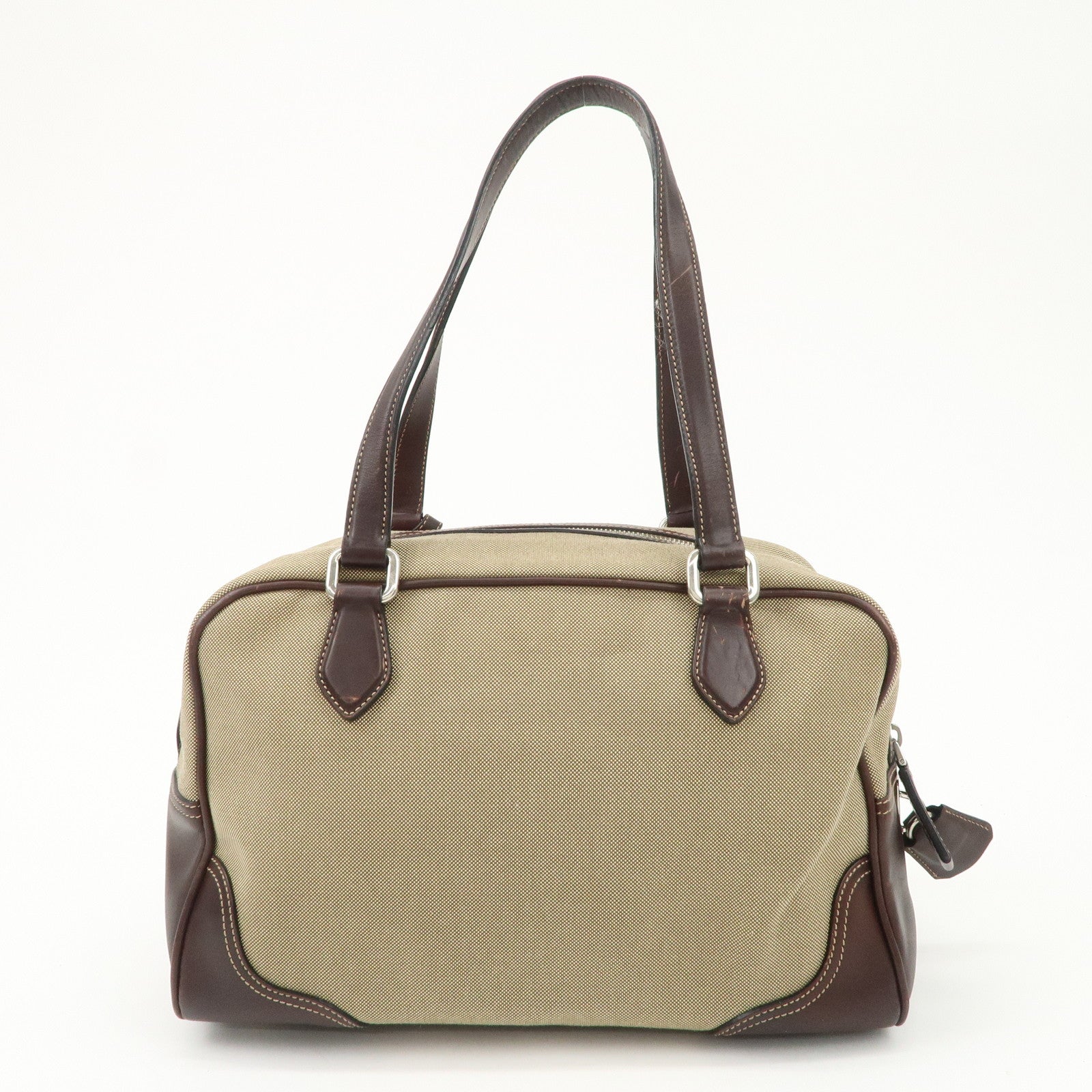 PRADA Logo Jacquard Leather Boston Bag Shoulder Bag Beige BL0260 Used