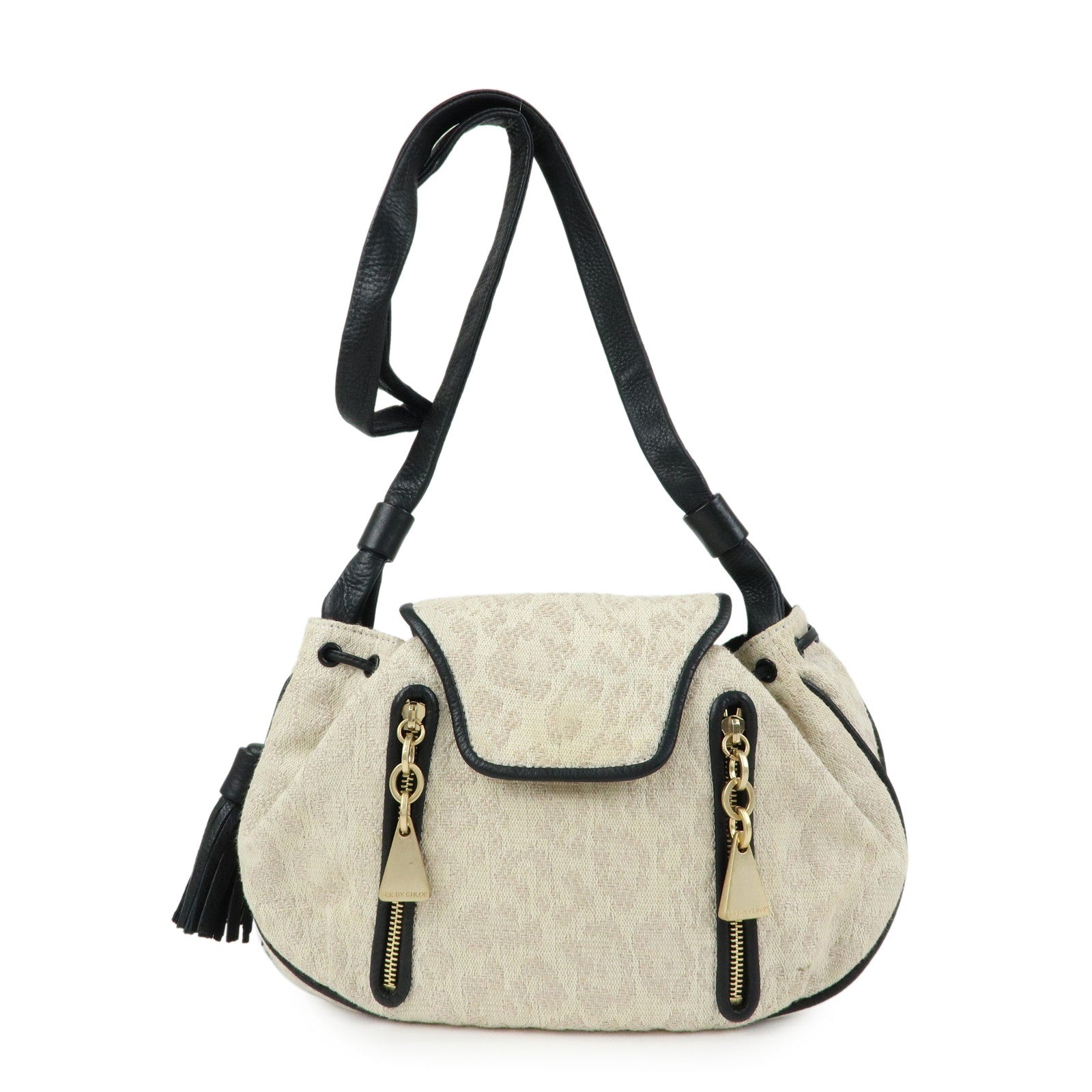 Chloe See By Chloe Canvas Leather Shoulder Bag Ivory Black
