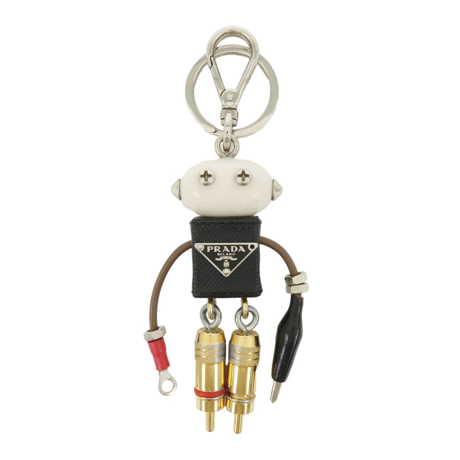 PRADA Triangle Logo Leather Metal Bag Charm Key Charm Black 1ARA97