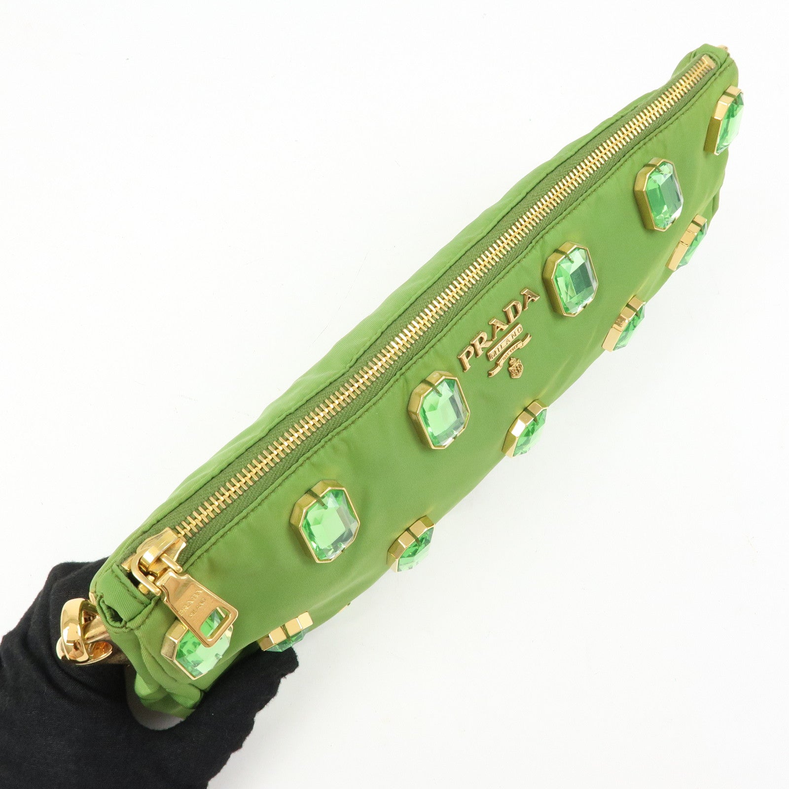 PRADA Bijou Nylon Stone Chain Shoulder Bag Clutch Bag Green
