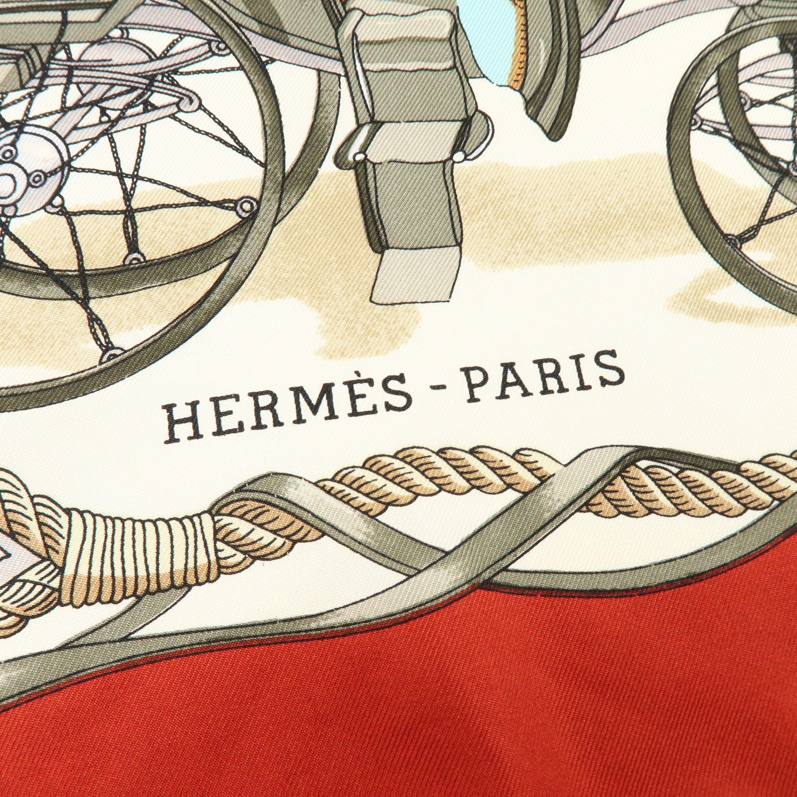 HERMES Carre 90 Silk 100% Scarf MUSEE Museum Print Red Beige