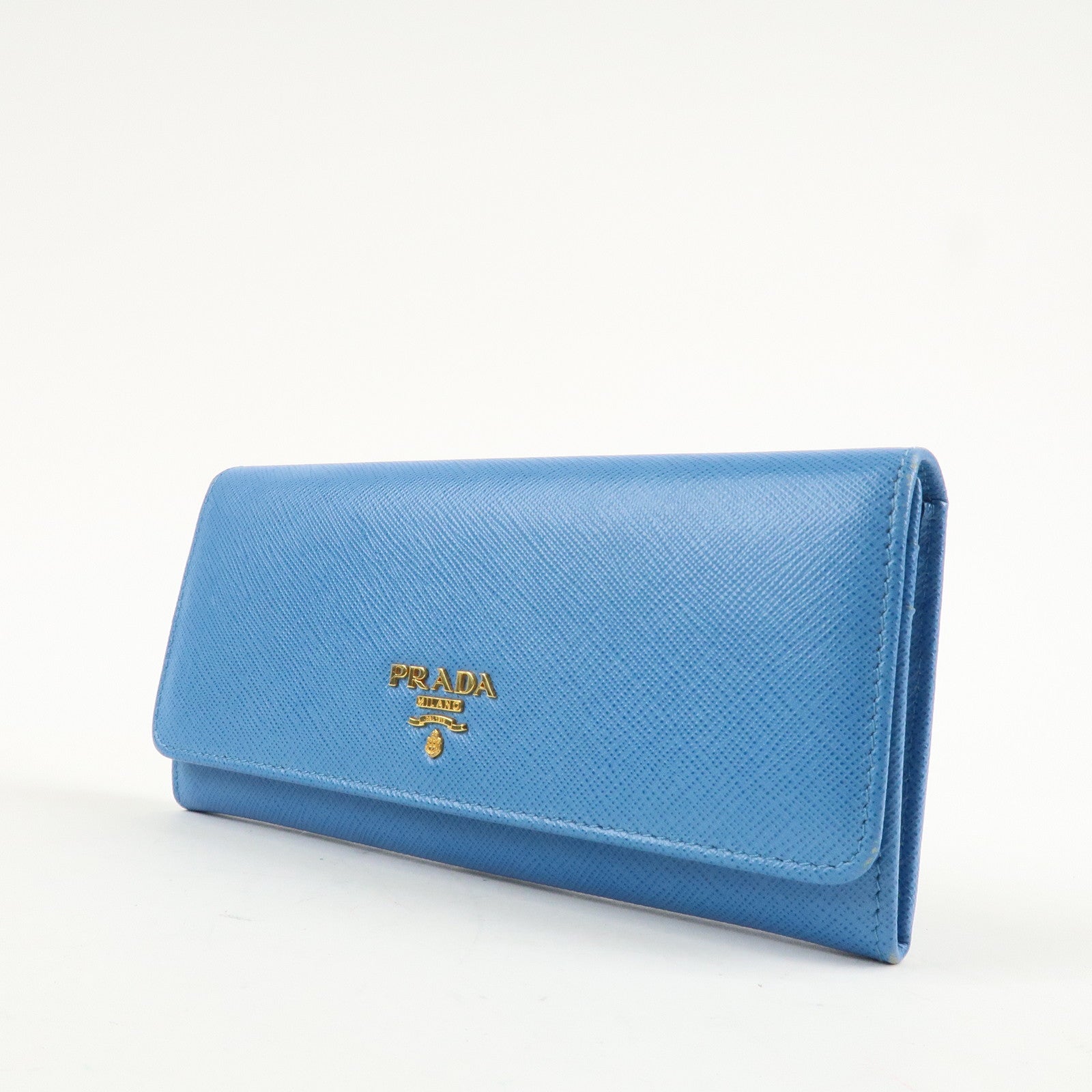 PRADA Saffiano Leather Bi-Fold Long Wallet Blue Gold HDW 1MH132 Used