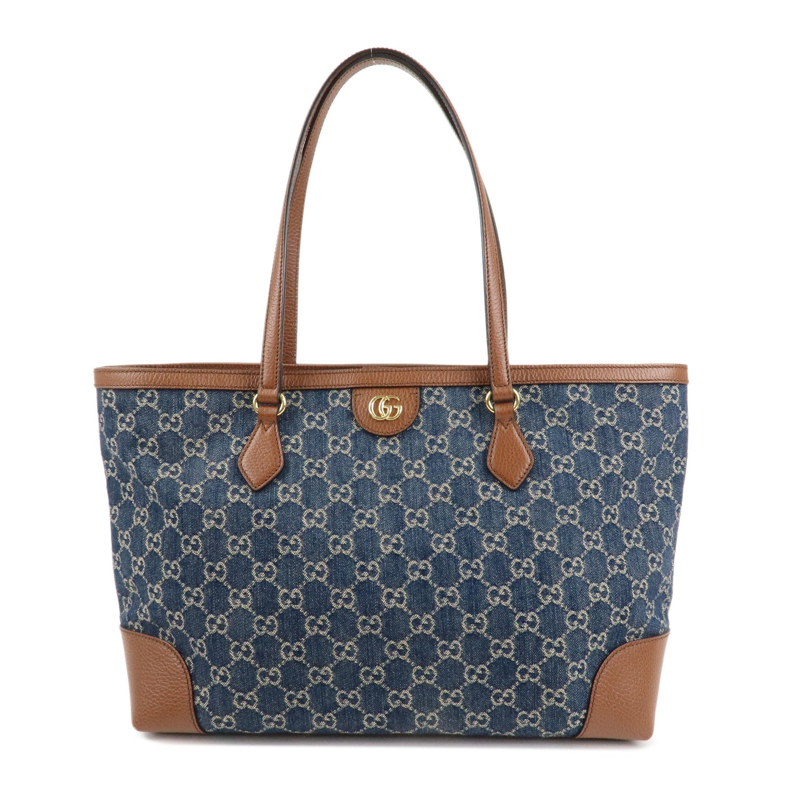 GUCCI Ophidia GG Denim Leather Tote Bag Blue Brown 631685 Used