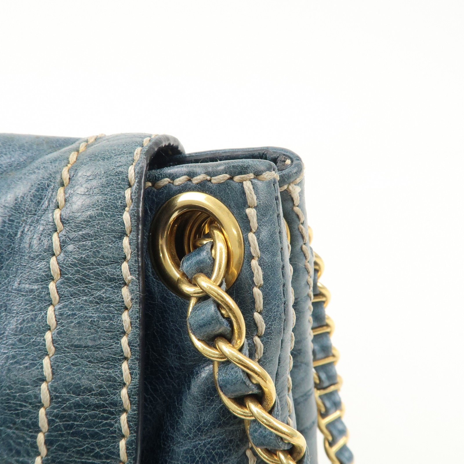 PRADA Leather Chain Shoulder Bag Blue Gold Hardware BR4659 Used