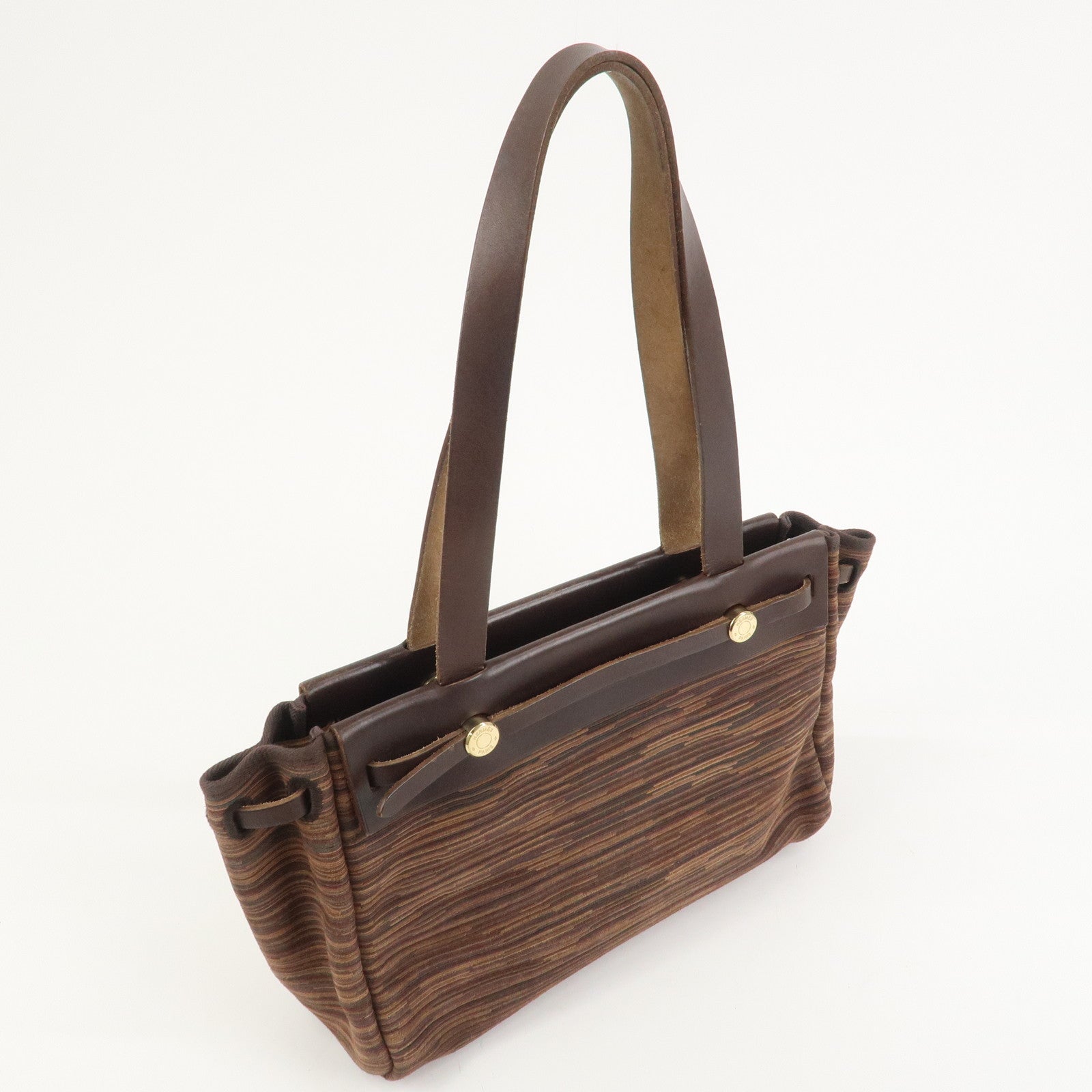 HERMES Cabas PM Airline Toile Officier Leather Shoulder Bag Brown