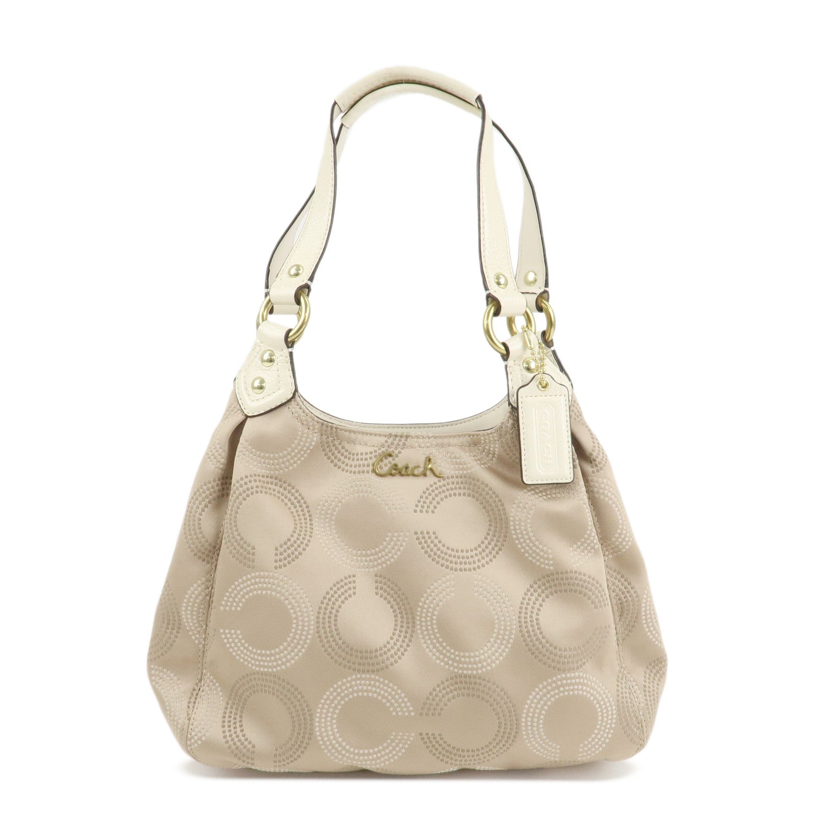 COACH Ashley Canvas Patent Leather Dot Op Art Hobo Bag Beige F21920 Used