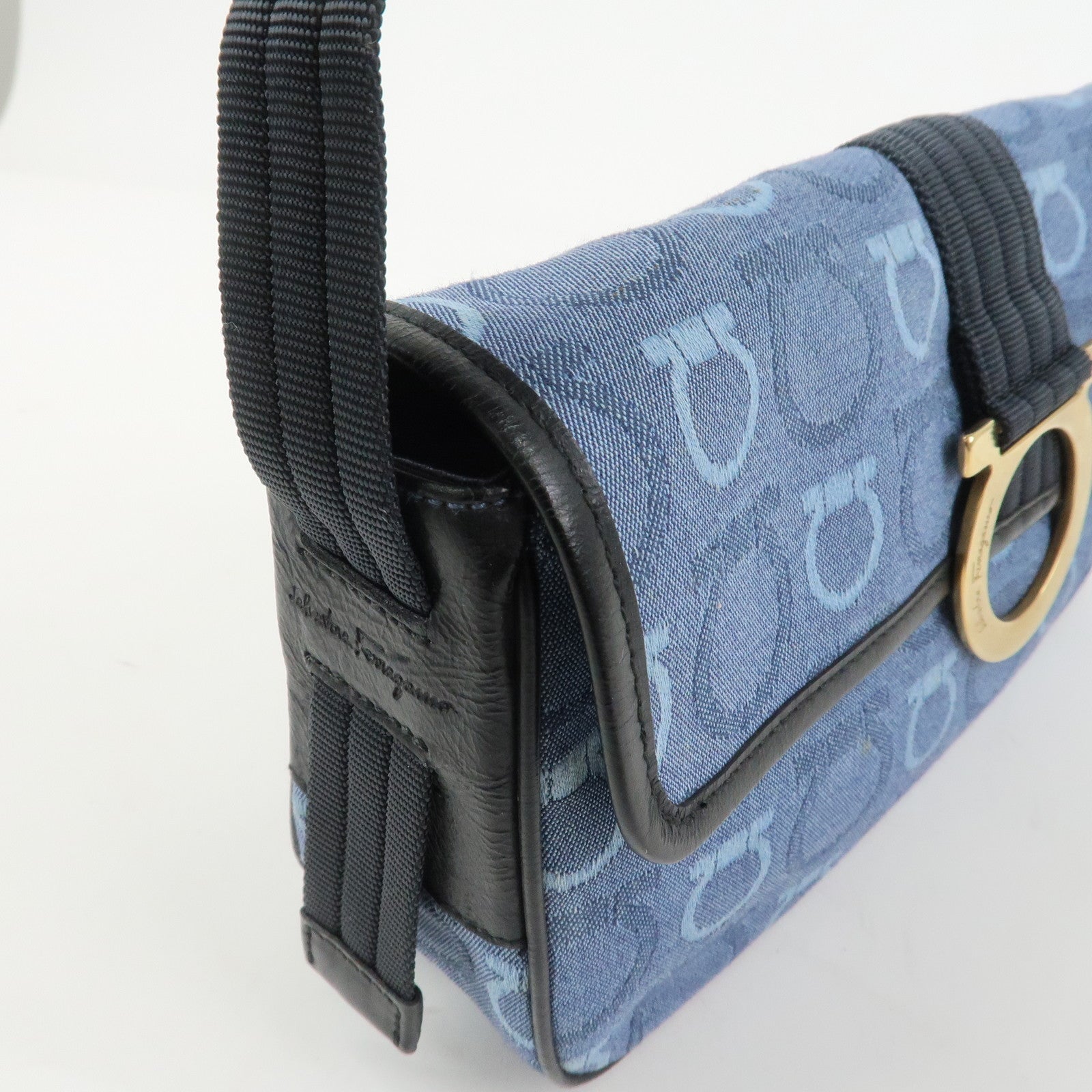 Ferragamo Gancini Canvas Leather Shoulder Bag Blue Black