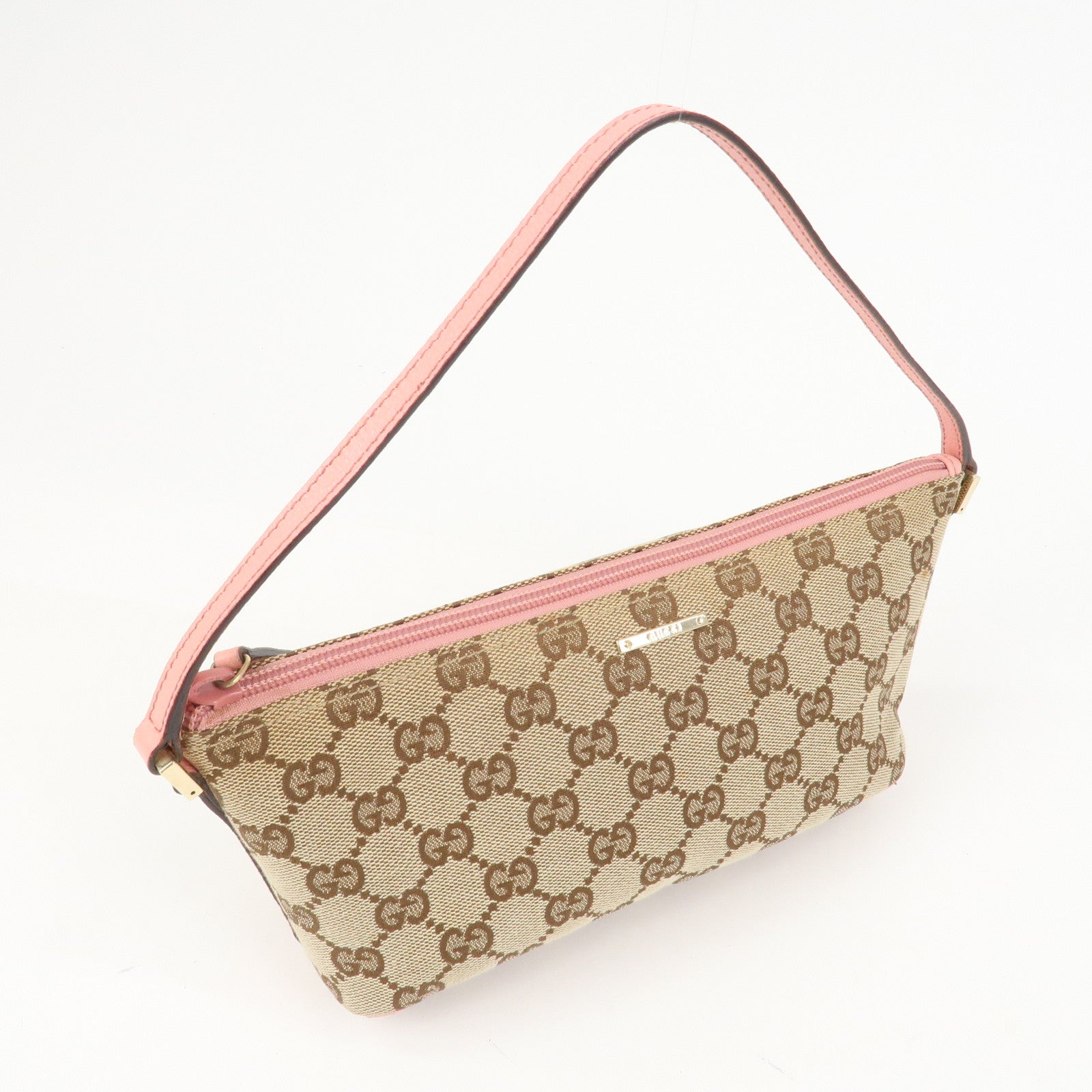 GUCCI Boat Bag GG Monogram Canvas Leather Hand Bag Beige Pink 07198