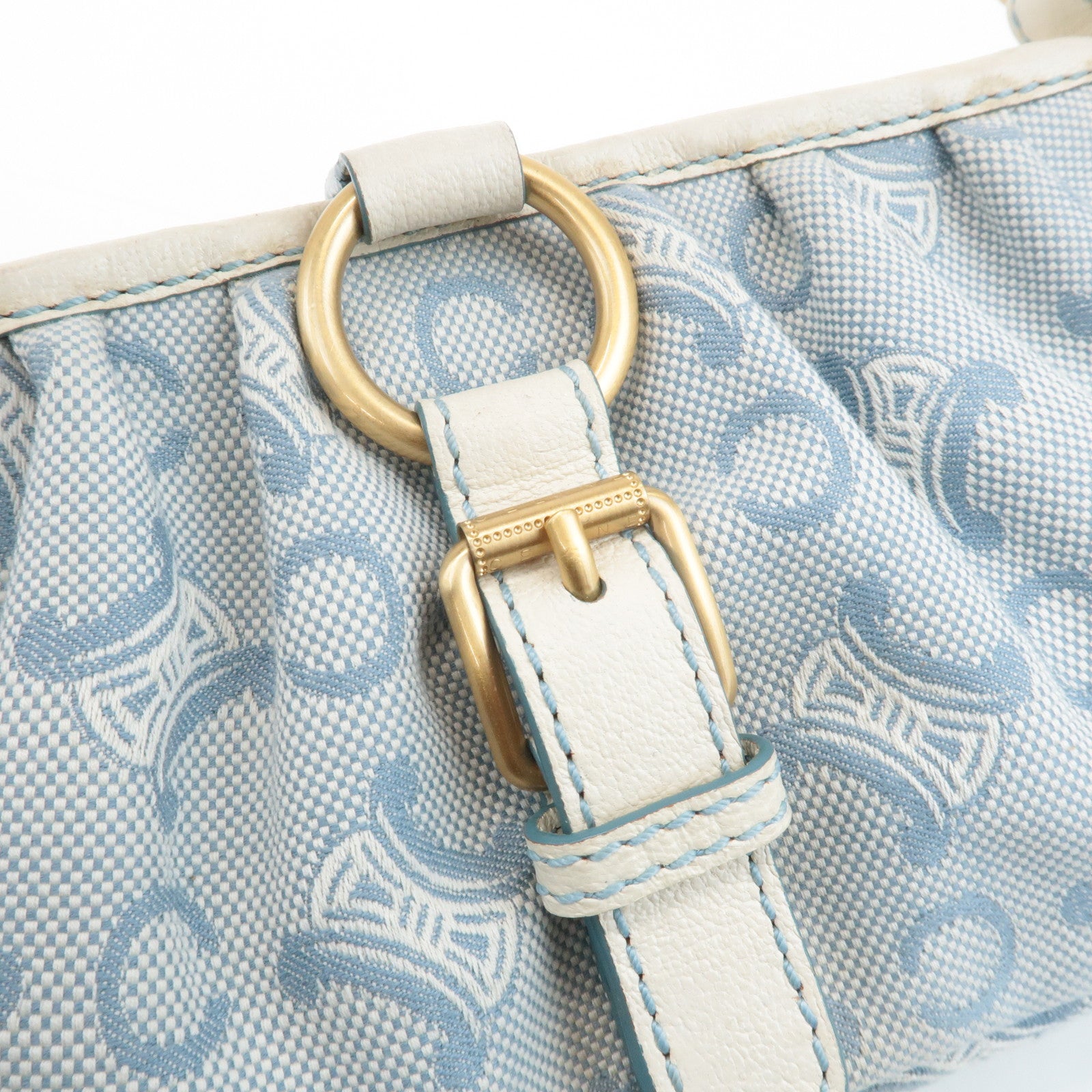 CELINE Canvas Leather Shoulder Bag Hand Bag Blue Ivory Used