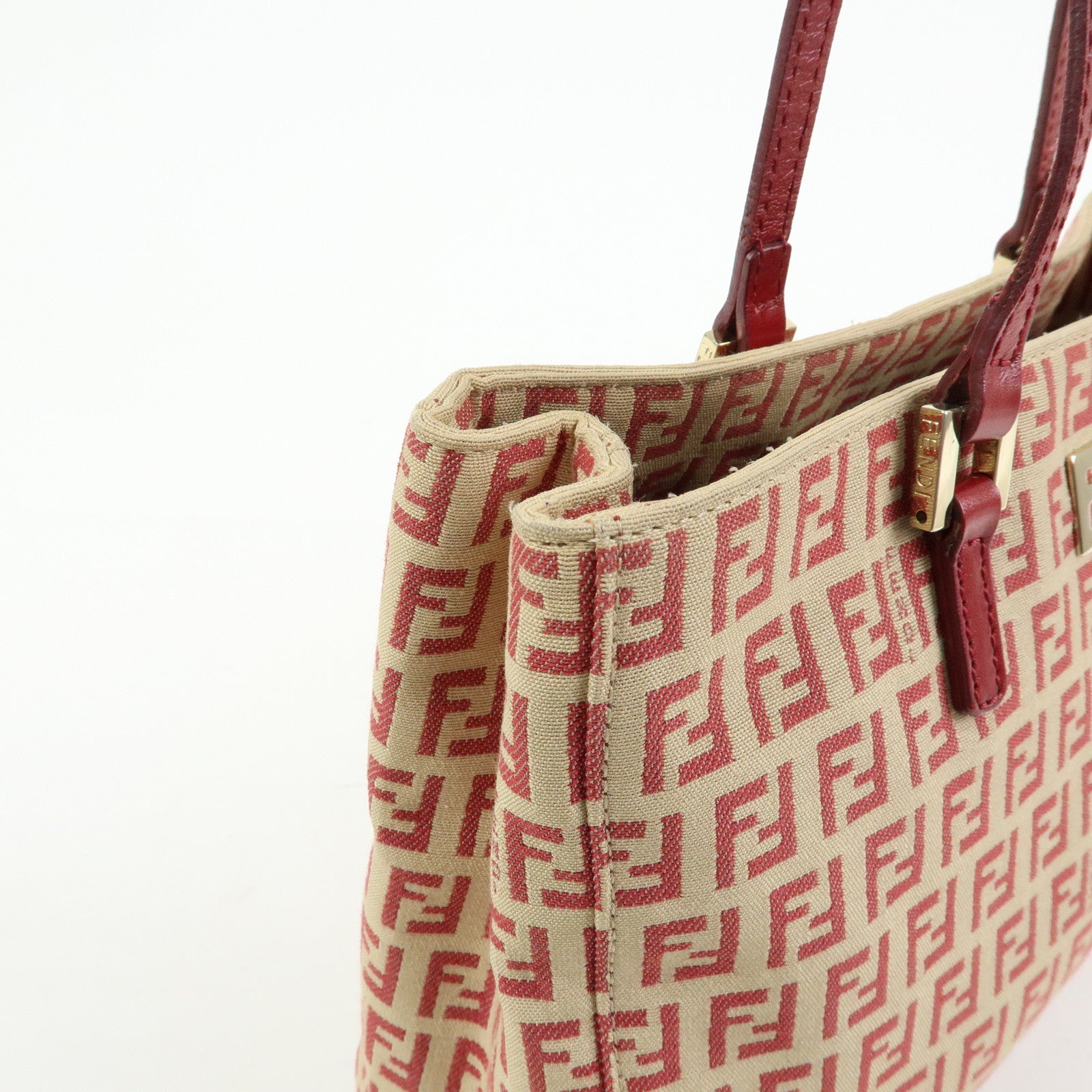 FENDI Zucchino Canvas Leather Hand Bag Tote Bag Beige Red 8BH132