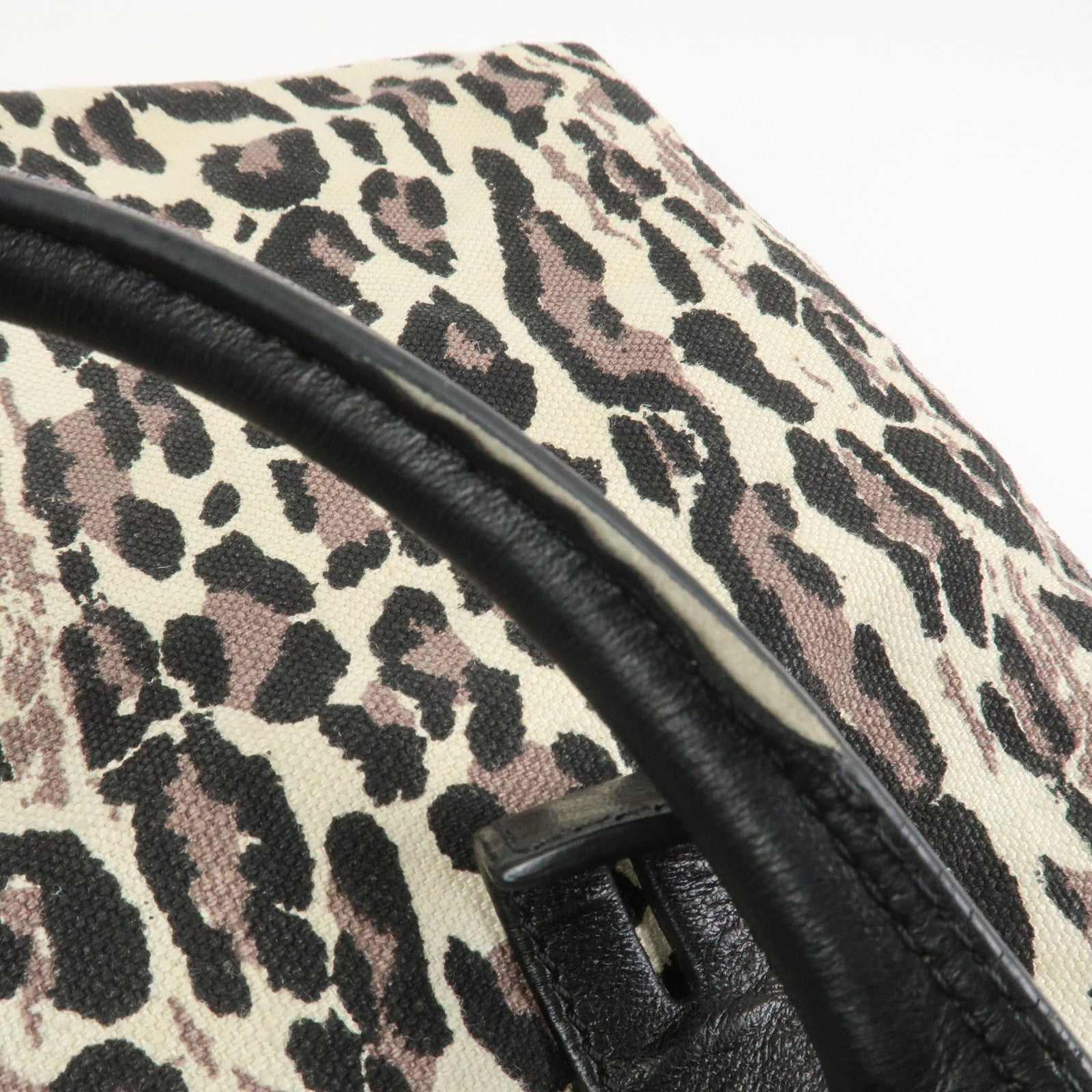 JIMMY CHOO Leopard Canvas Leather Tote Bag Shoulder Bag Ivory Black