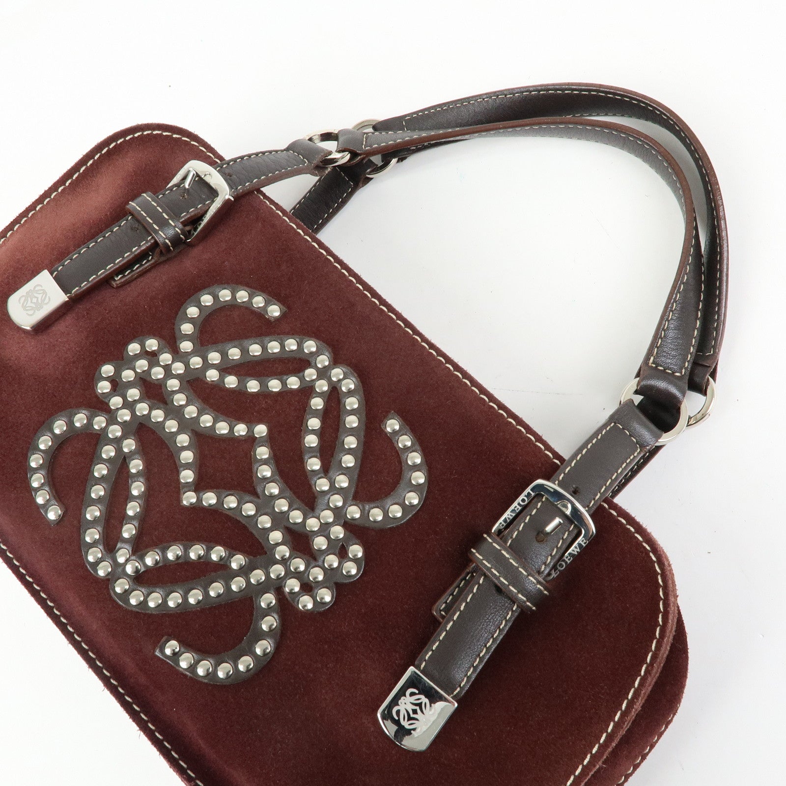 LOEWE Anagram Suede Leather Studs Hand Bag Bordeaux