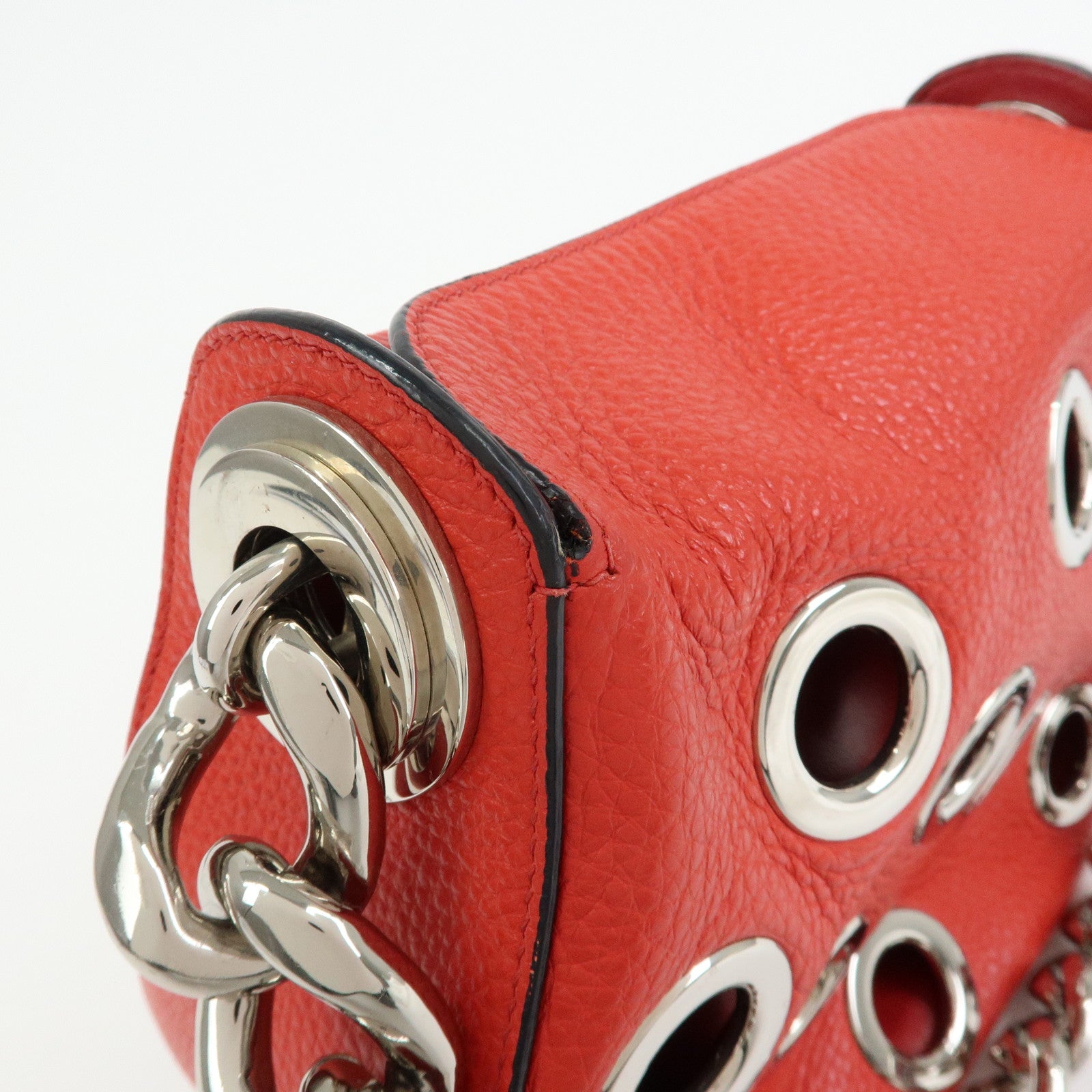 PRADA Grommet Leather Chain Shoulder Bag Hand Bag Red