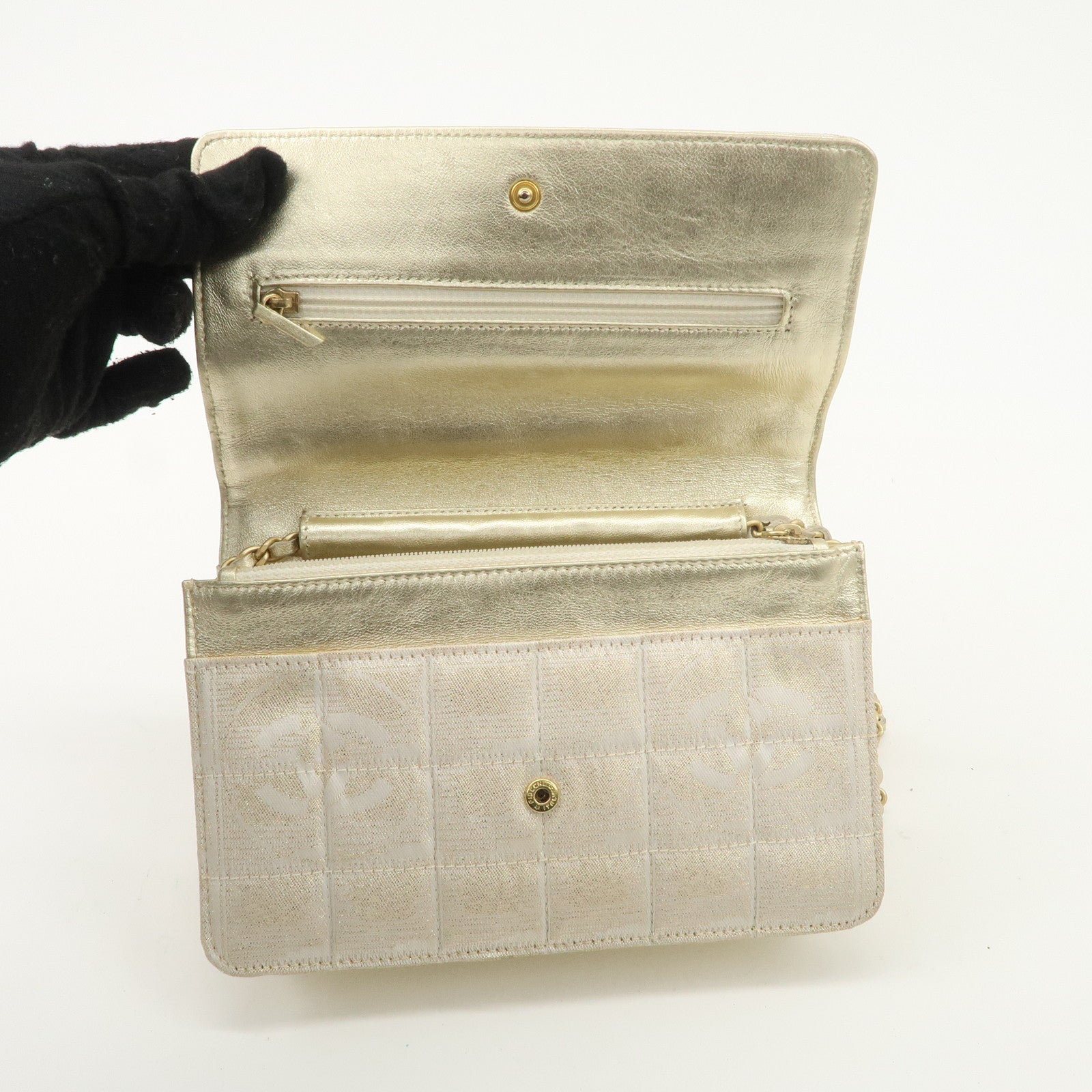 Chanel New Travel Line Nylon Jacquard Leather Chain Wallet Gold A15772 Used