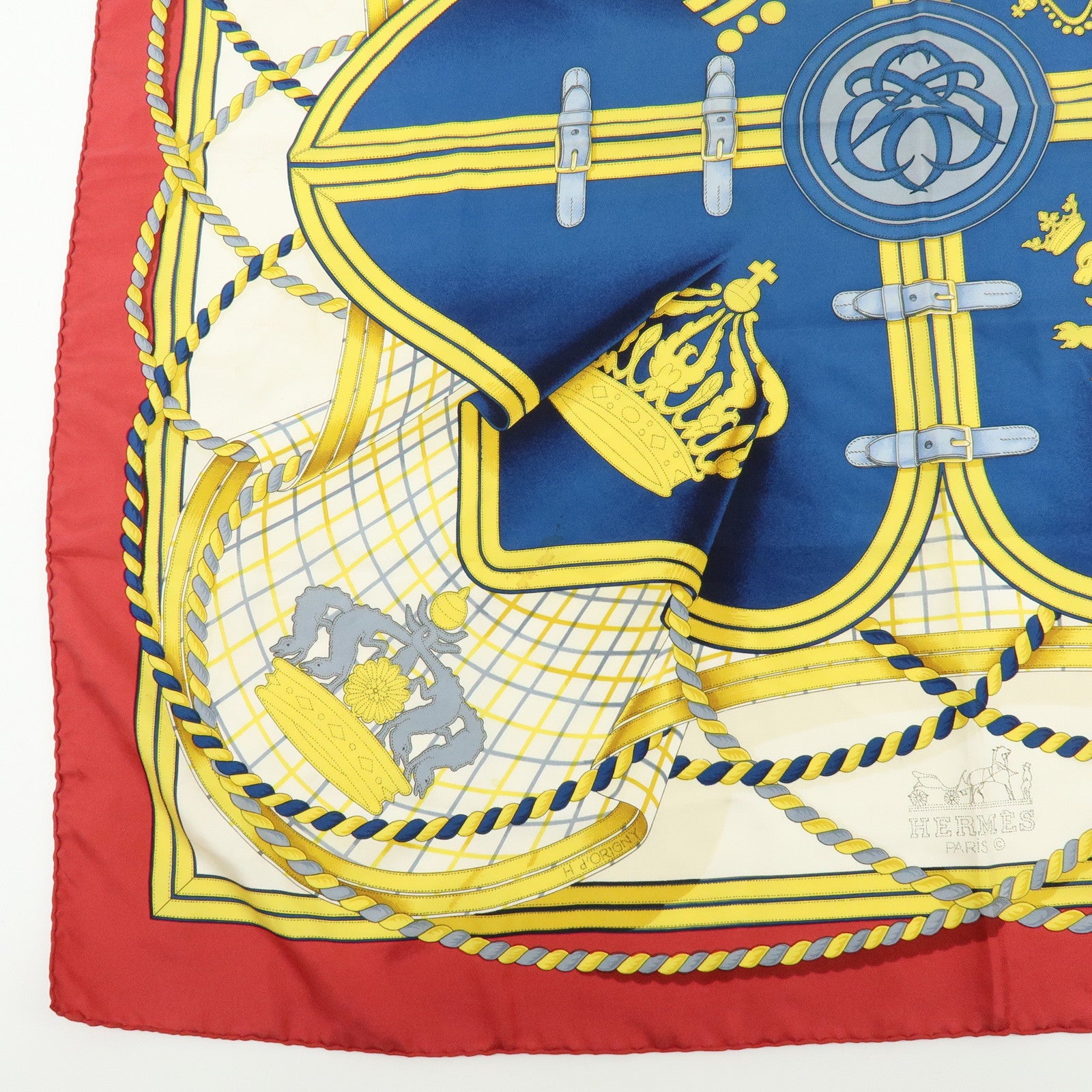 HERMES Carre 90 Silk 100% Scarf GRANDE TENUE Gold Navy Red