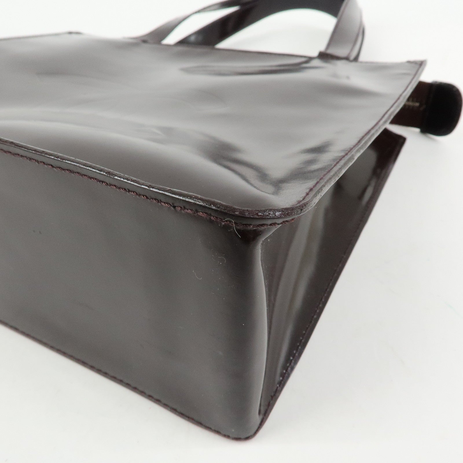 CHANEL Logo Patent Leather Tote Bag Shoulder Bag Brown