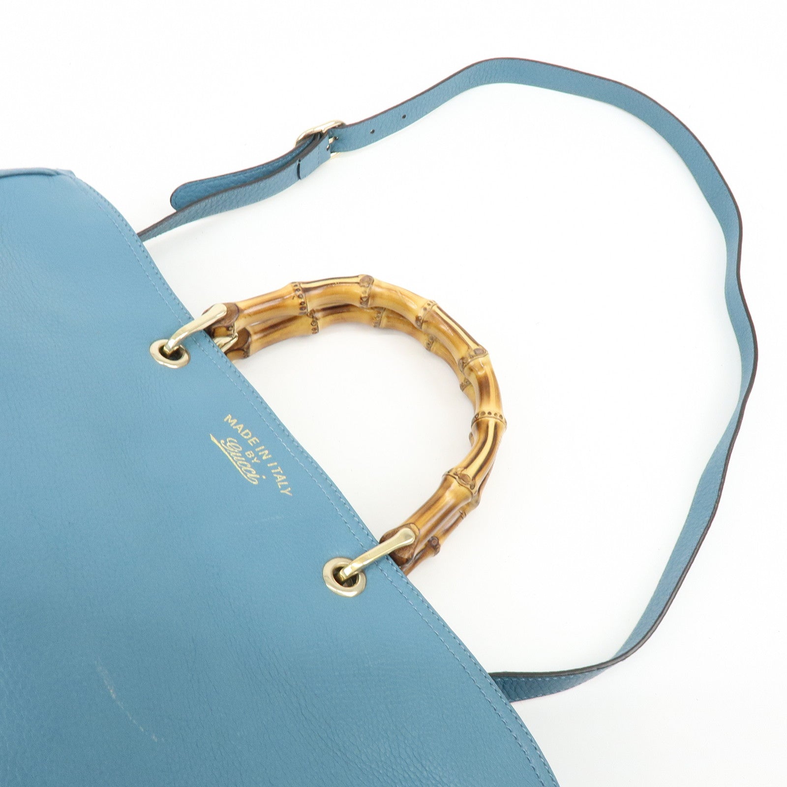 GUCCI Bamboo Shopper Large Leather Tote Bag 2Way Bag Blue 323658