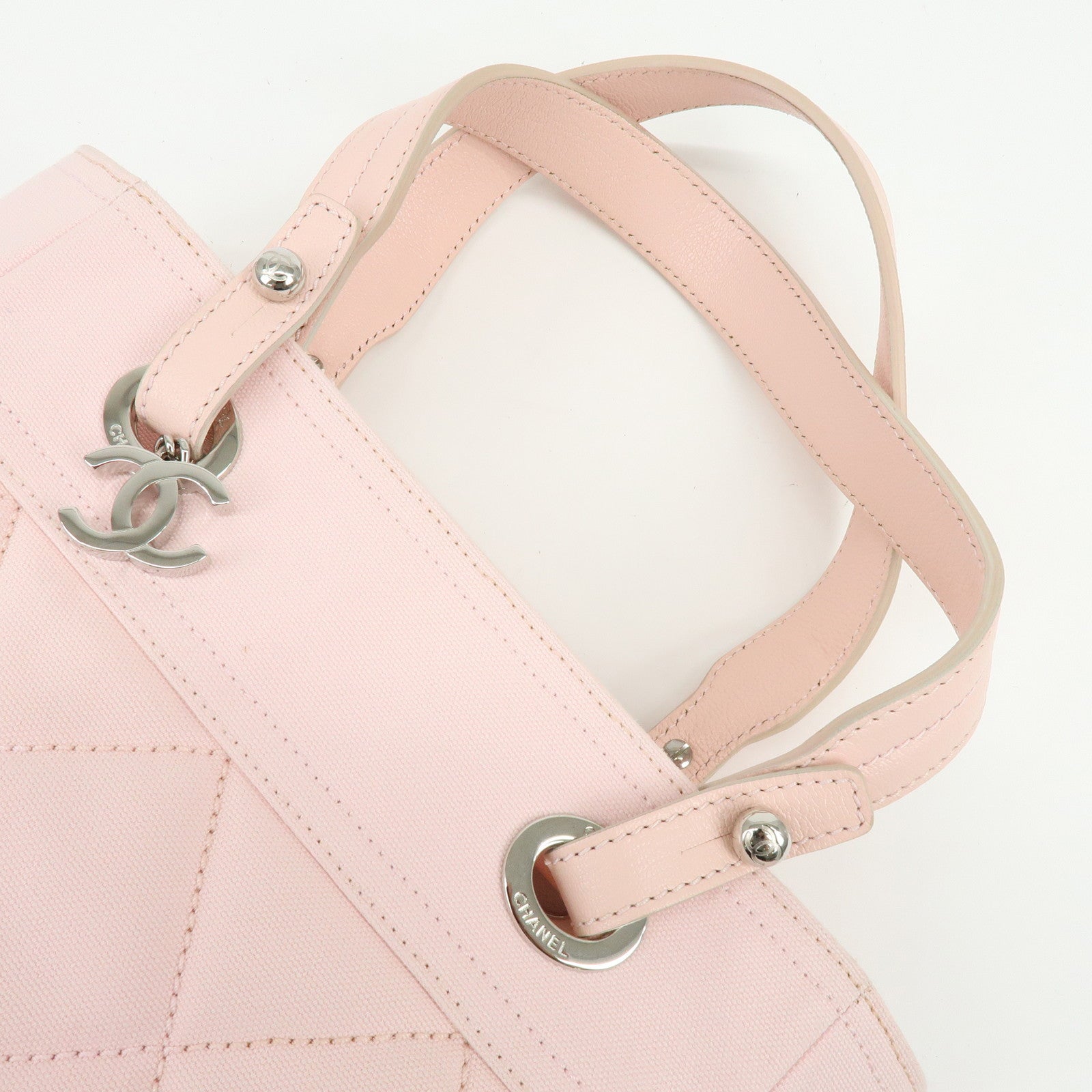 CHANEL Paris Biarritz PM Canvas Leather Tote Bag Pink A34208