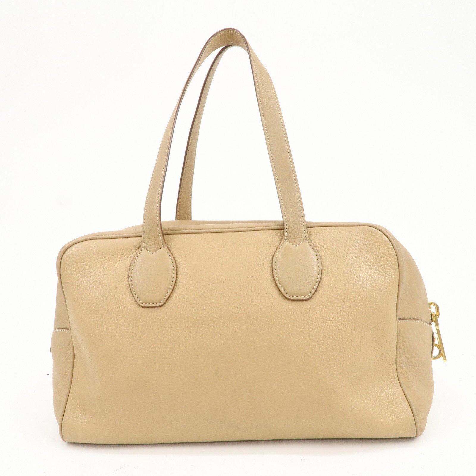 PRADA Leather Boston Bag Hand Bag Beige Gold BL8062