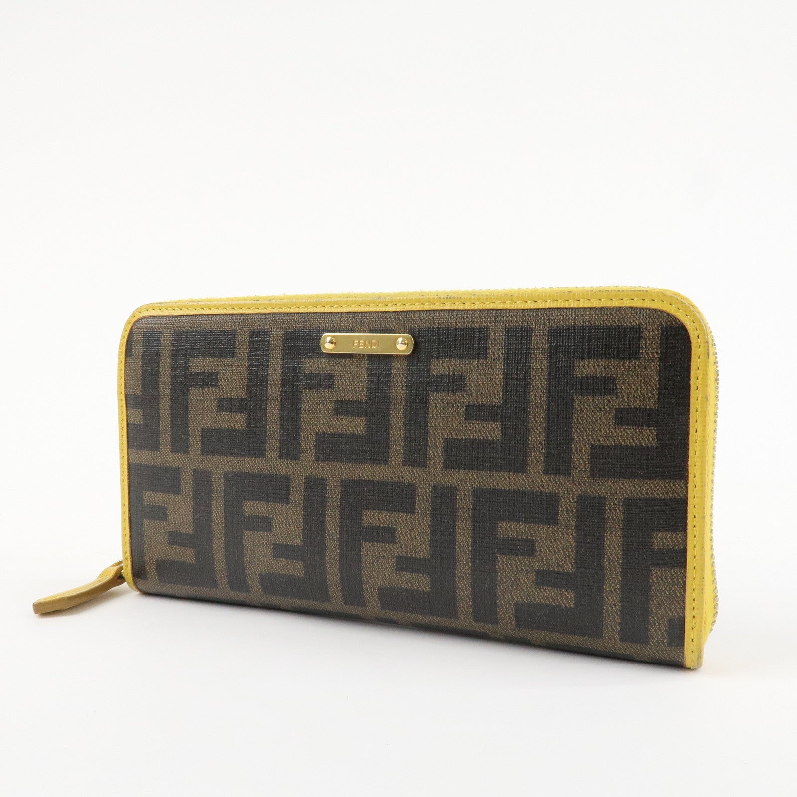 FENDI Zucca PVC Leather Round Zippy Long Wallet Brown Yellow 8M0299 Used