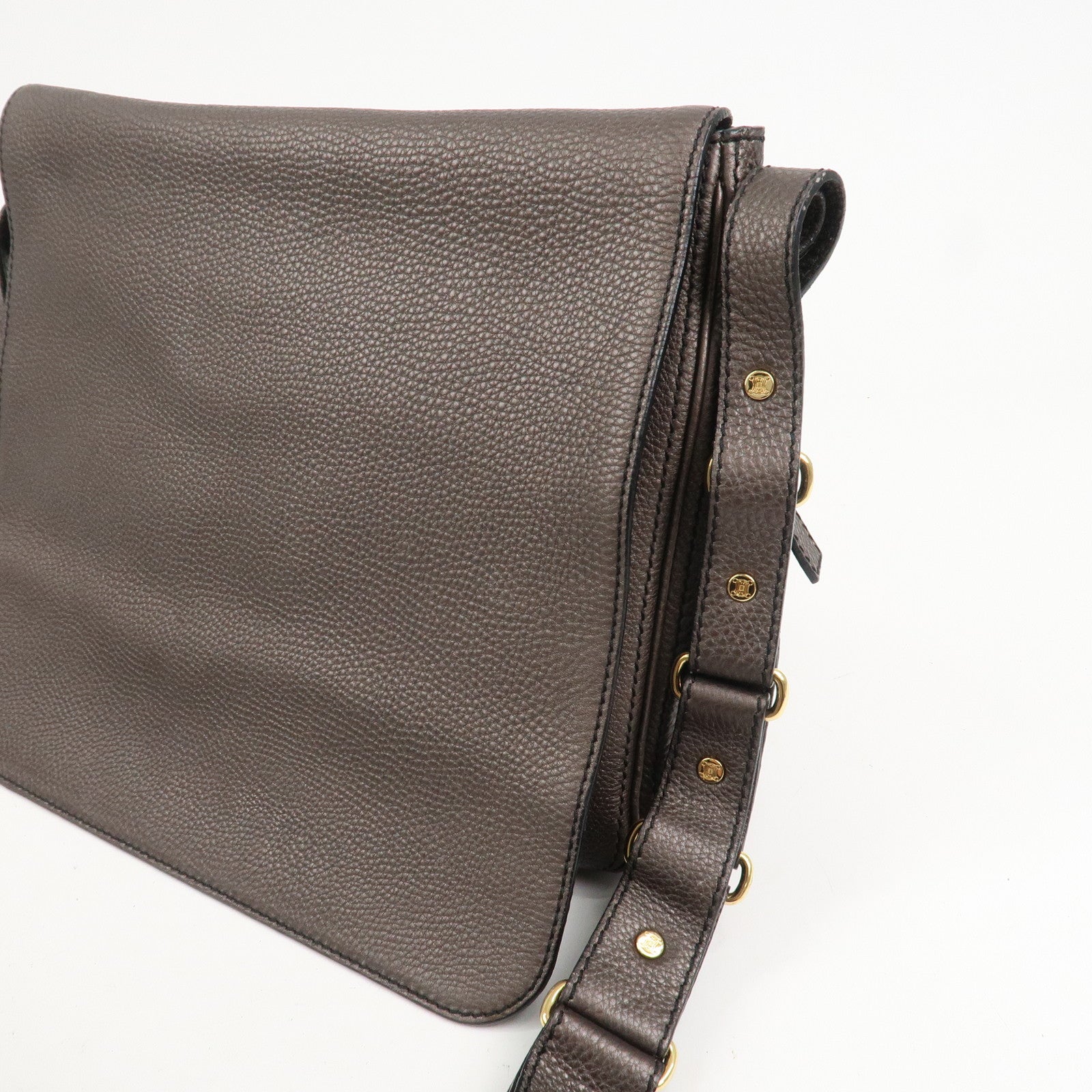 CELINE Leather Shoulder Bag Crossbody Bag Gray Gold HDW
