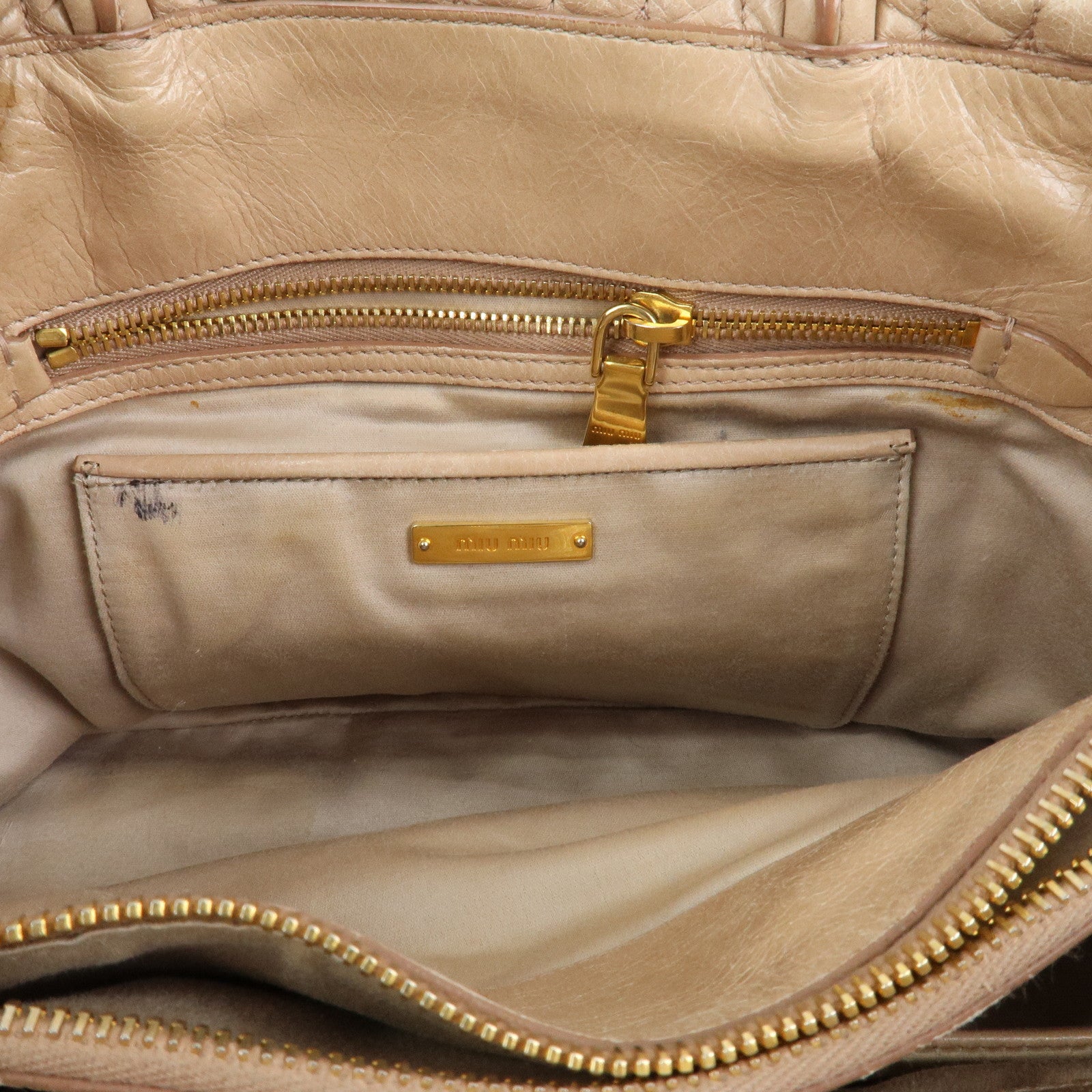 MIU MIU Leather Ribbon 2Way Shoulder Bag Hand Bag Tote Bag Beige RN1096