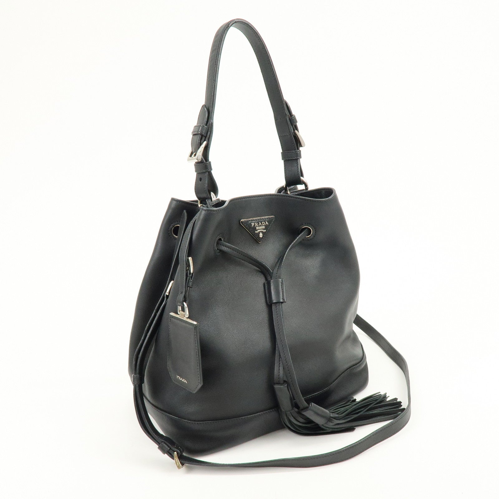 PRADA Triangle Logo City Calf Leather 2Way Bag Bucket Bag Black