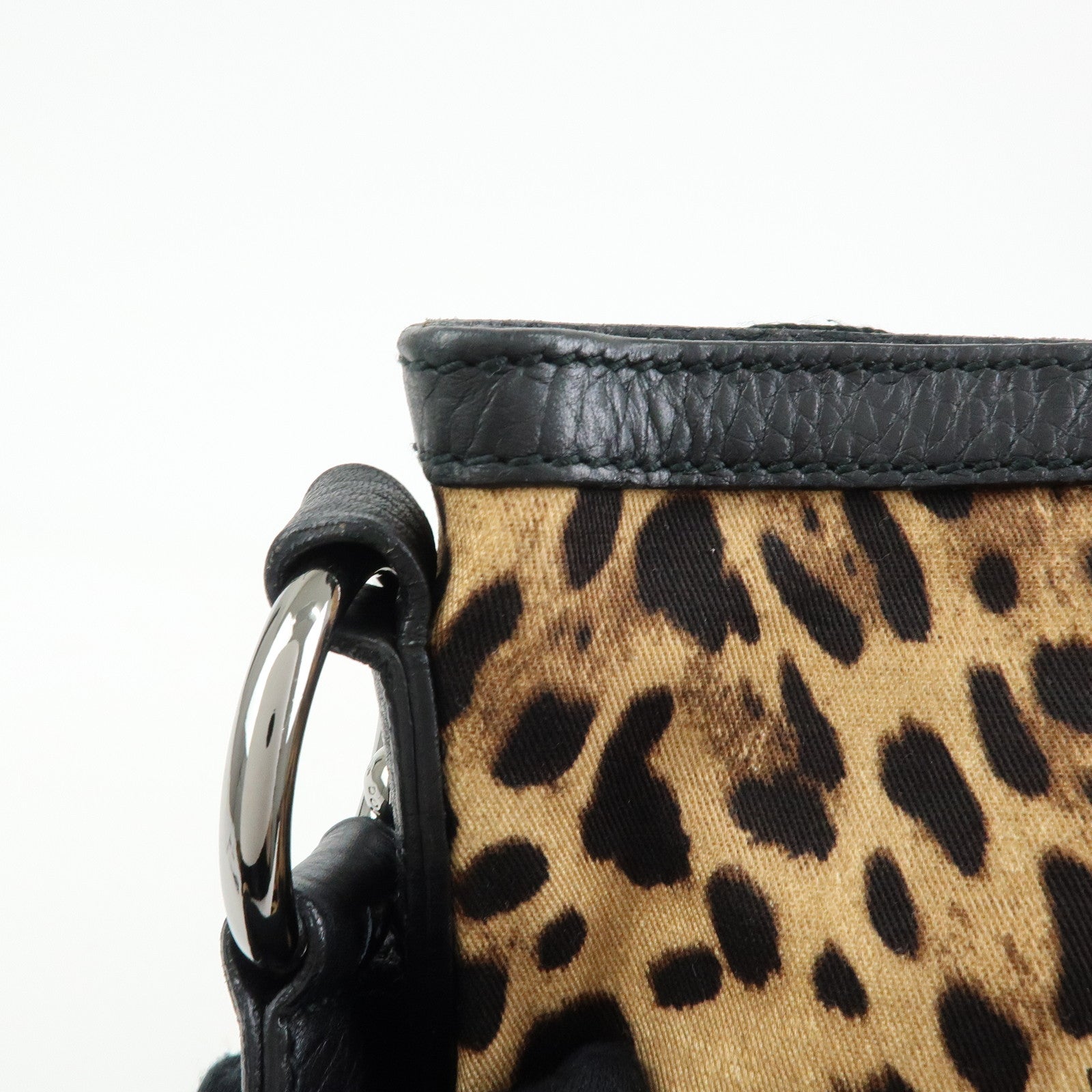 DOLCE & GABBANA Canvas Leather Shoulder Bag Leopard Brown Black