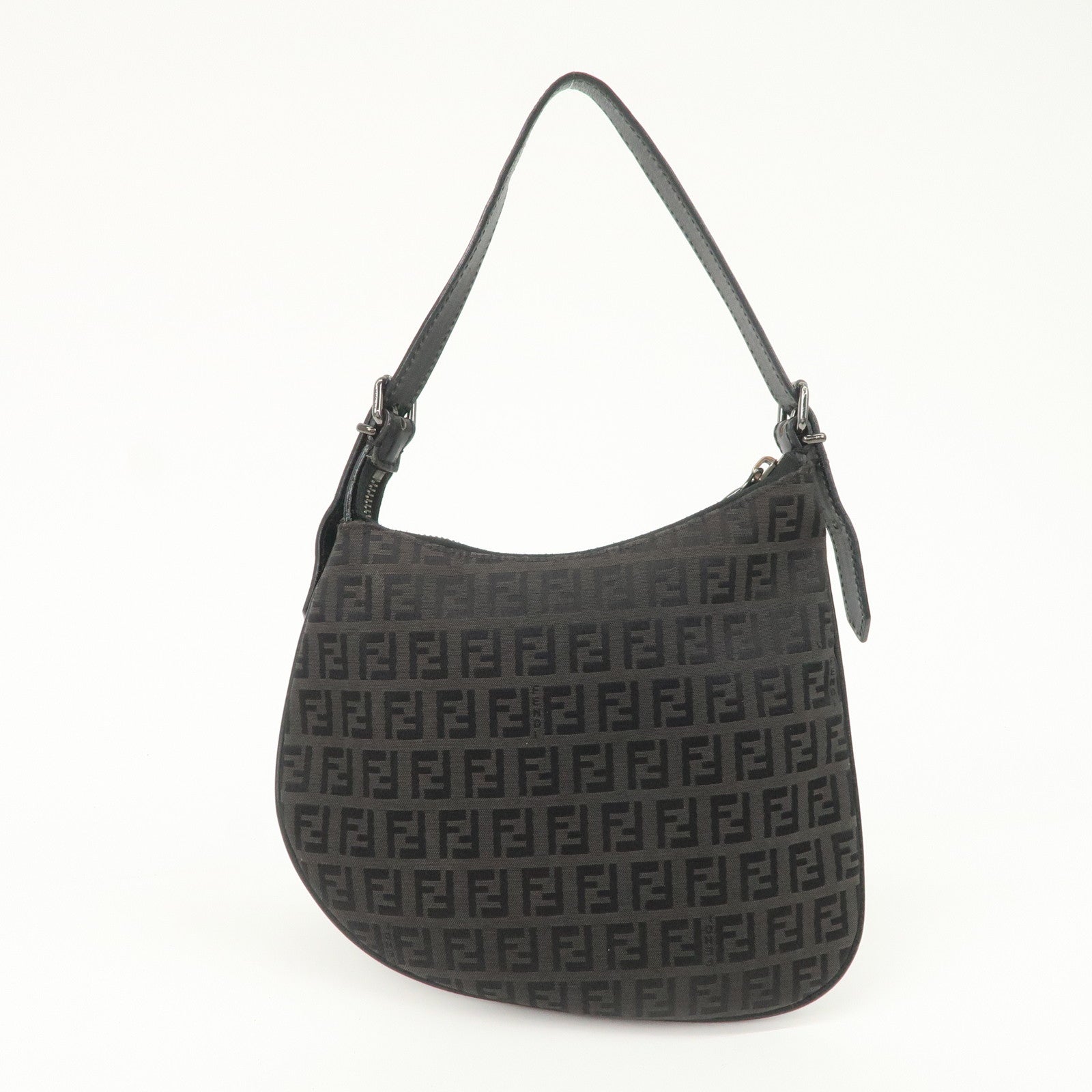 FENDI Zucchino Canvas Leather Shoulder Bag Hand Bag Black 8BR248