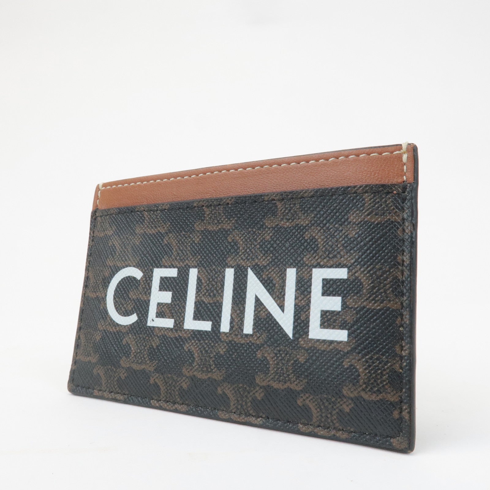 CELINE Leather Canvas Triomphe Card Case Black Brown 10B702CLY