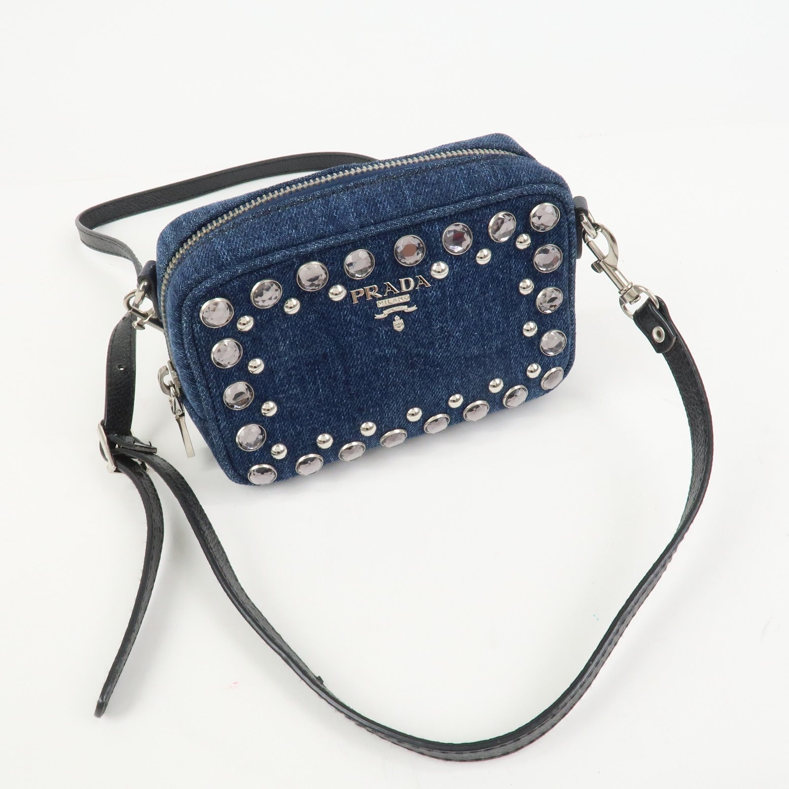 PRADA Logo Denim Leather Mini Shoulder Bag Camera Bag 1N1674