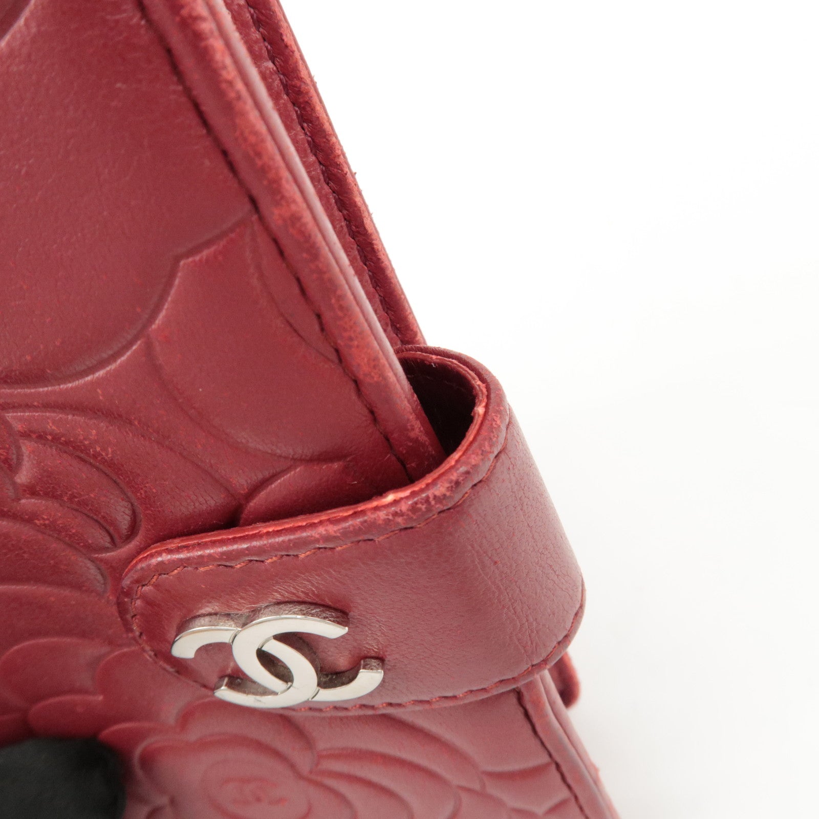 CHANEL COCO Mark Camelia Leather Bi-fold Wallet Red A50087 Used