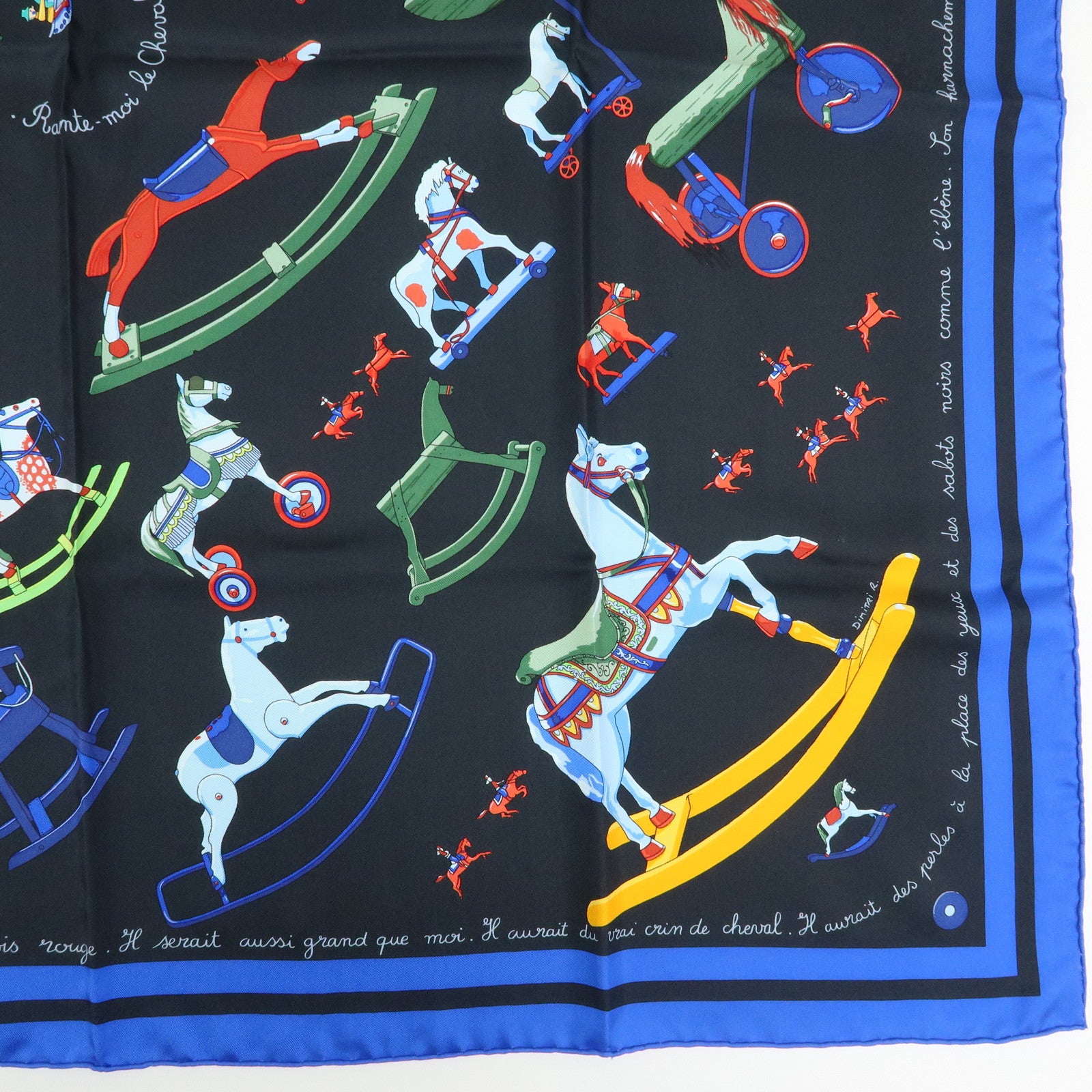 HERMES Carre 90 Silk 100% Scarf Raconte Moi le Cheval Black Blue