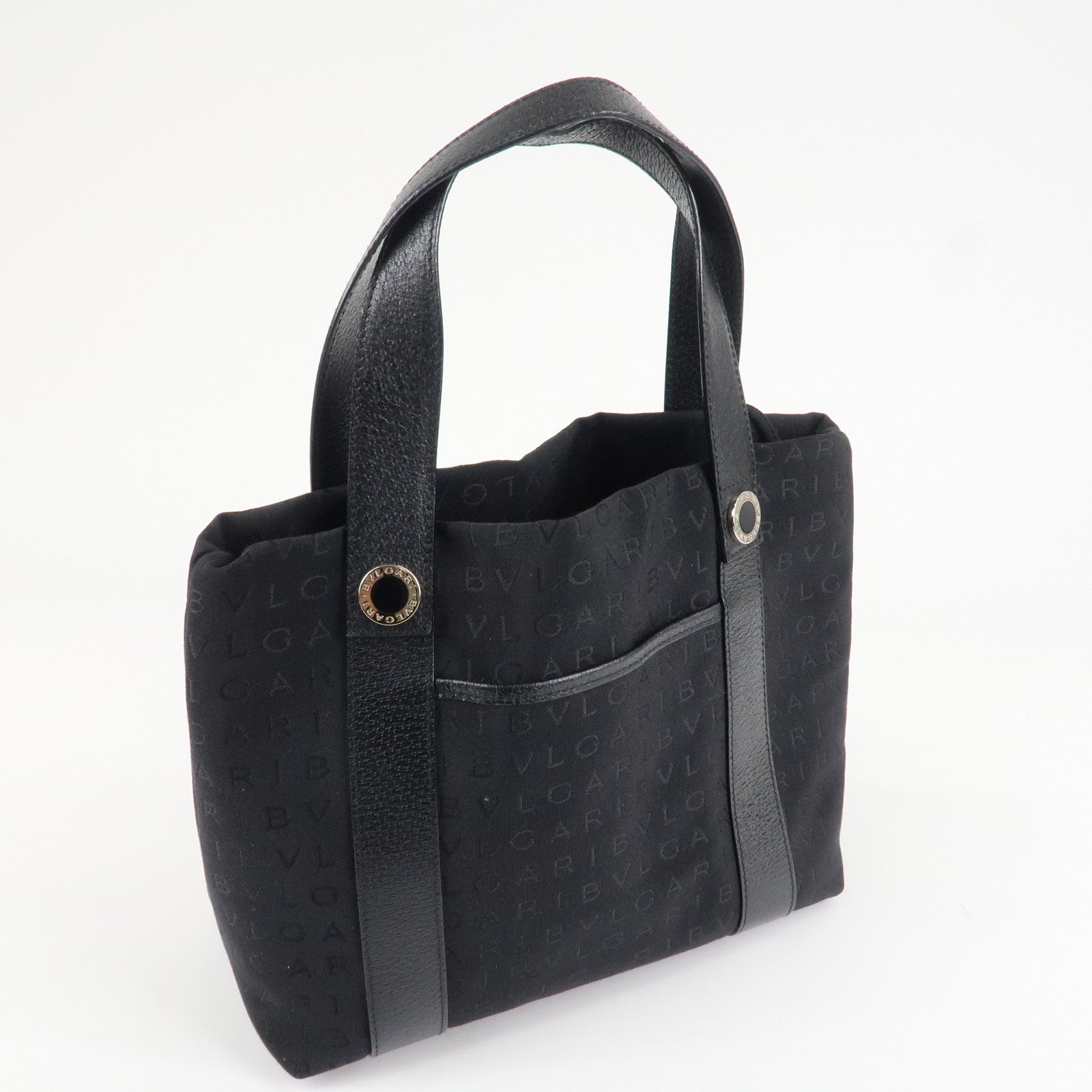 BVLGARI Logo Mania Canvas Leather Tote Bag Hand Bag Black Silver HDW Used