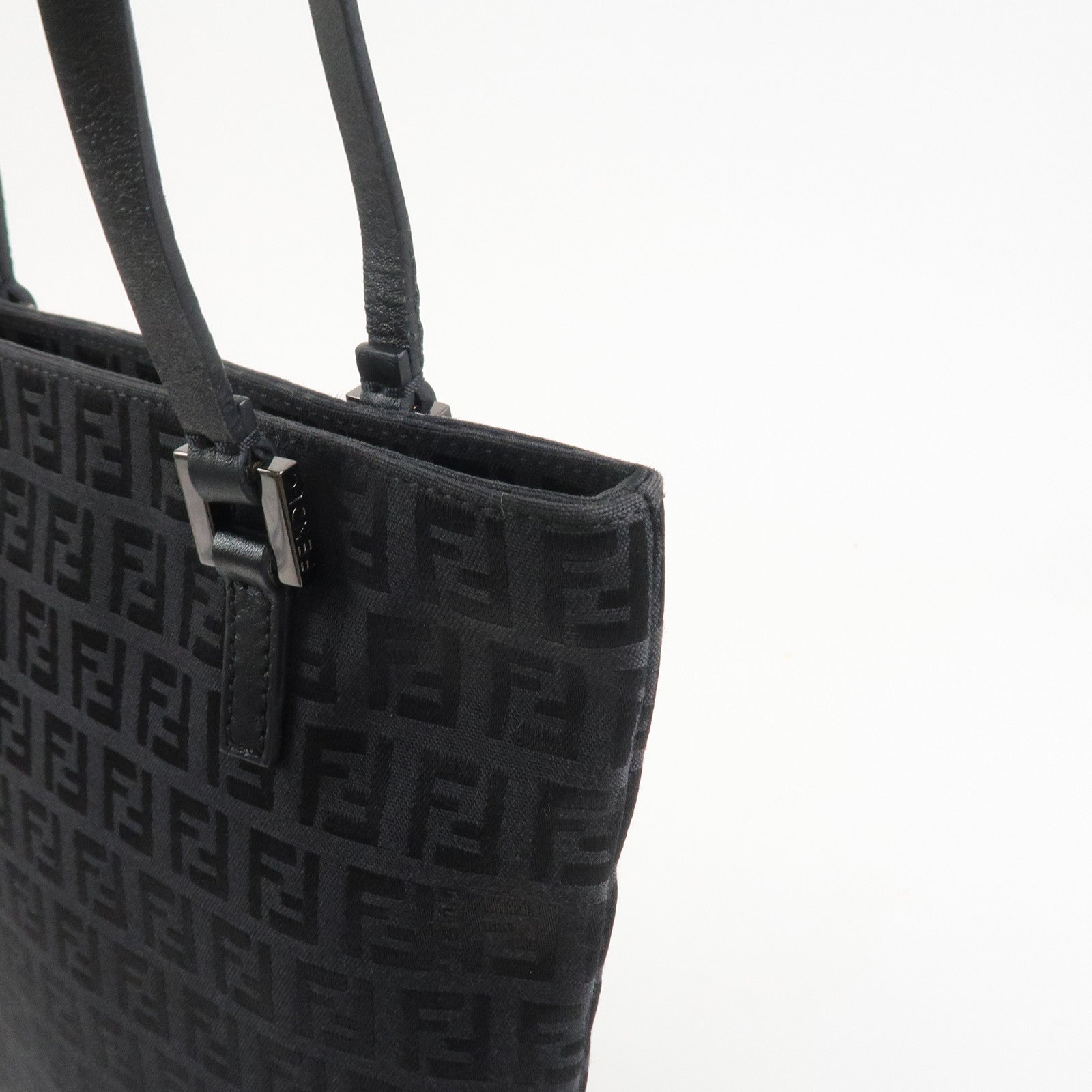 FENDI Zucchino Canvas Leather Tote Bag Hand Bag Black 8BH050