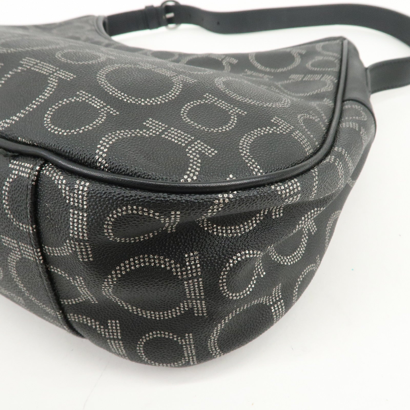 Ferragamo Gancini Logo PVC Leather Shoulder Bag Hand Bag Black