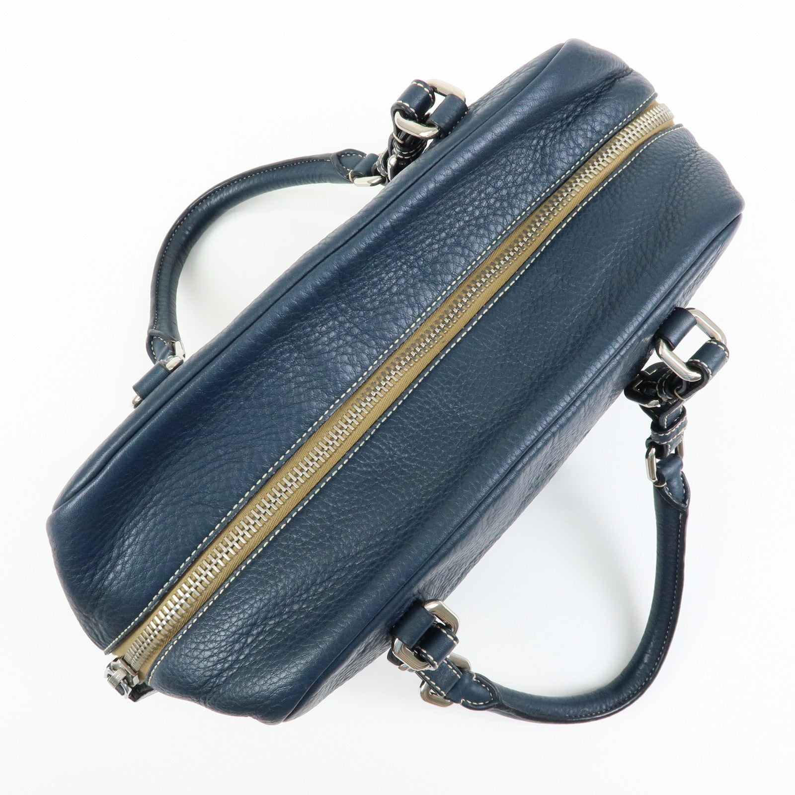 PRADA Calf Leather Boston Bag Shoulder Bag Hand Bag Navy BR3091