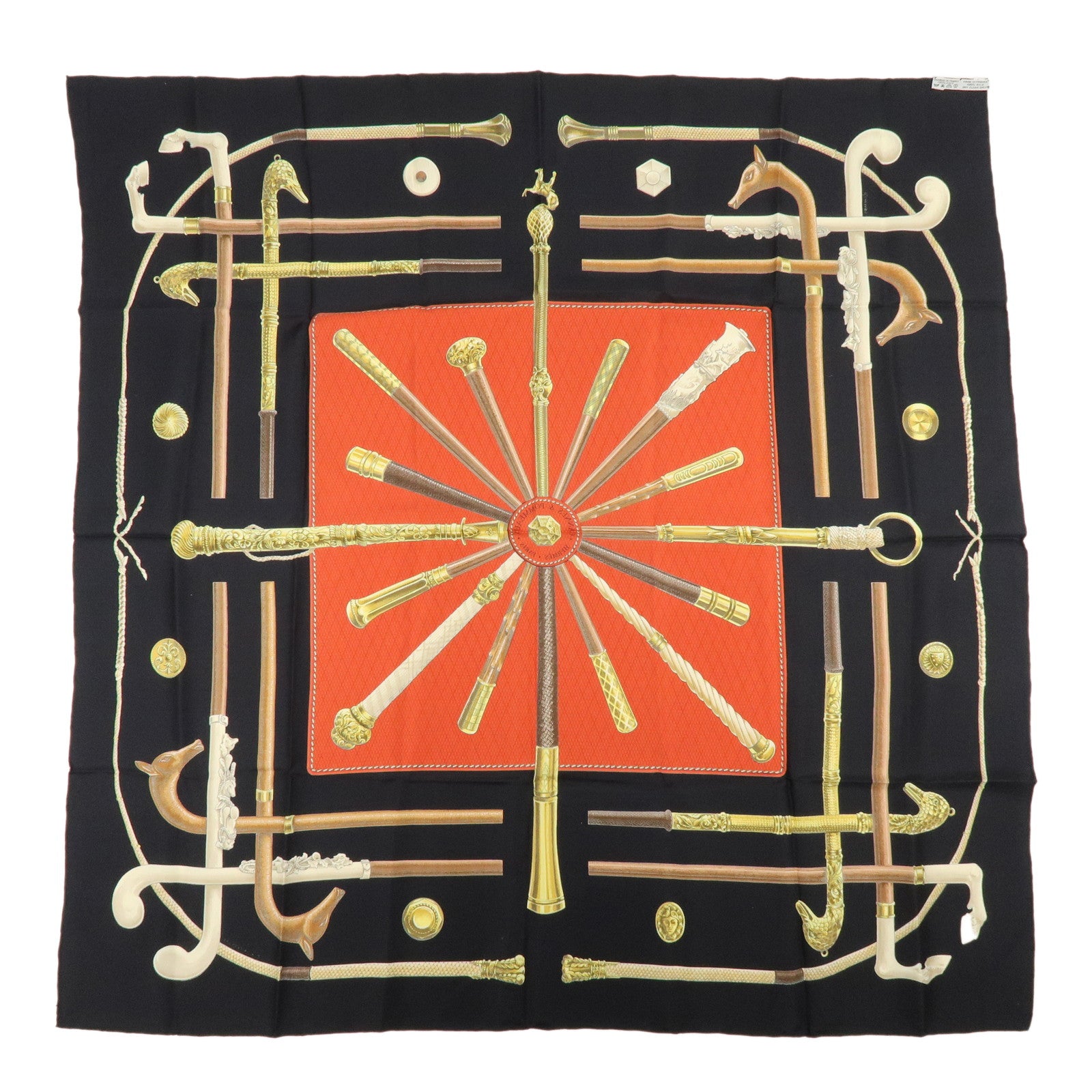 HERMES Carre 90 Silk 100% Scarf CANNES ET POMMEAUX Black Red Brown