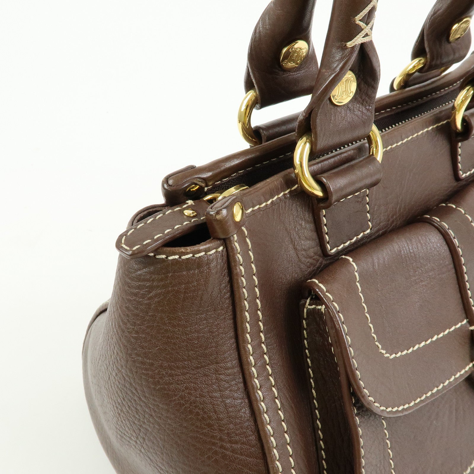 CELINE Logo Leather Hand Bag Mini Boston Bag Dark Brown