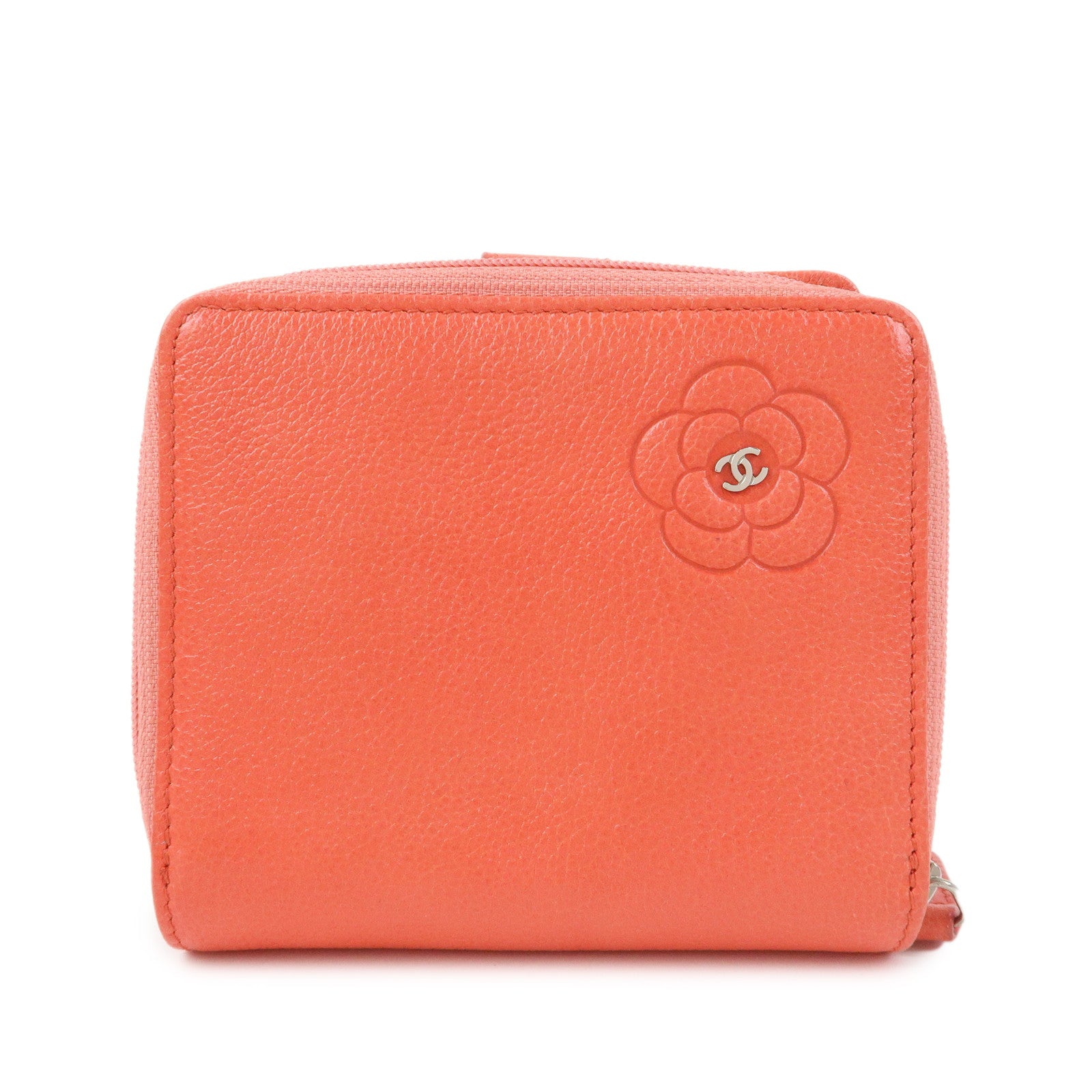CHANEL Camellia Zip Around Leather Compact Wallet Rose Pink