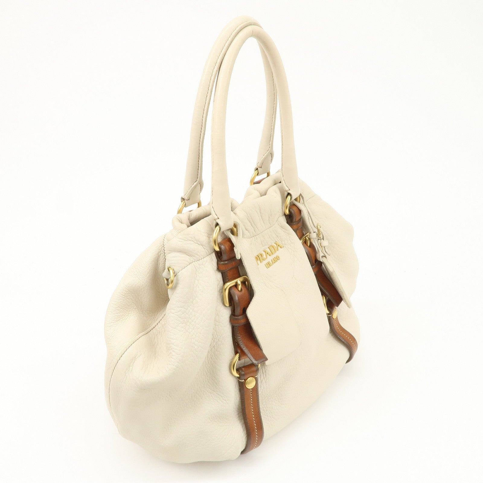 PRADA Leather 2Way Bag Tote Bag Brown White BN1773 Used