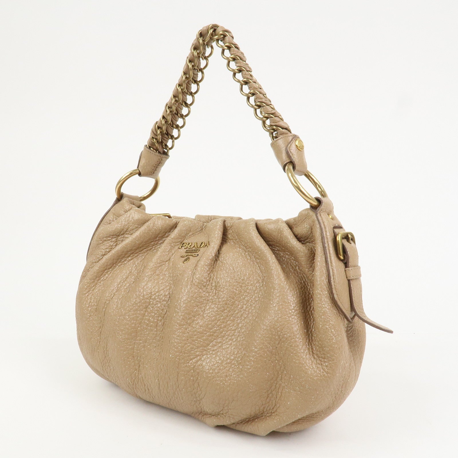 PRADA Logo Leather Chain Shoulder Bag Hand Bag Beige