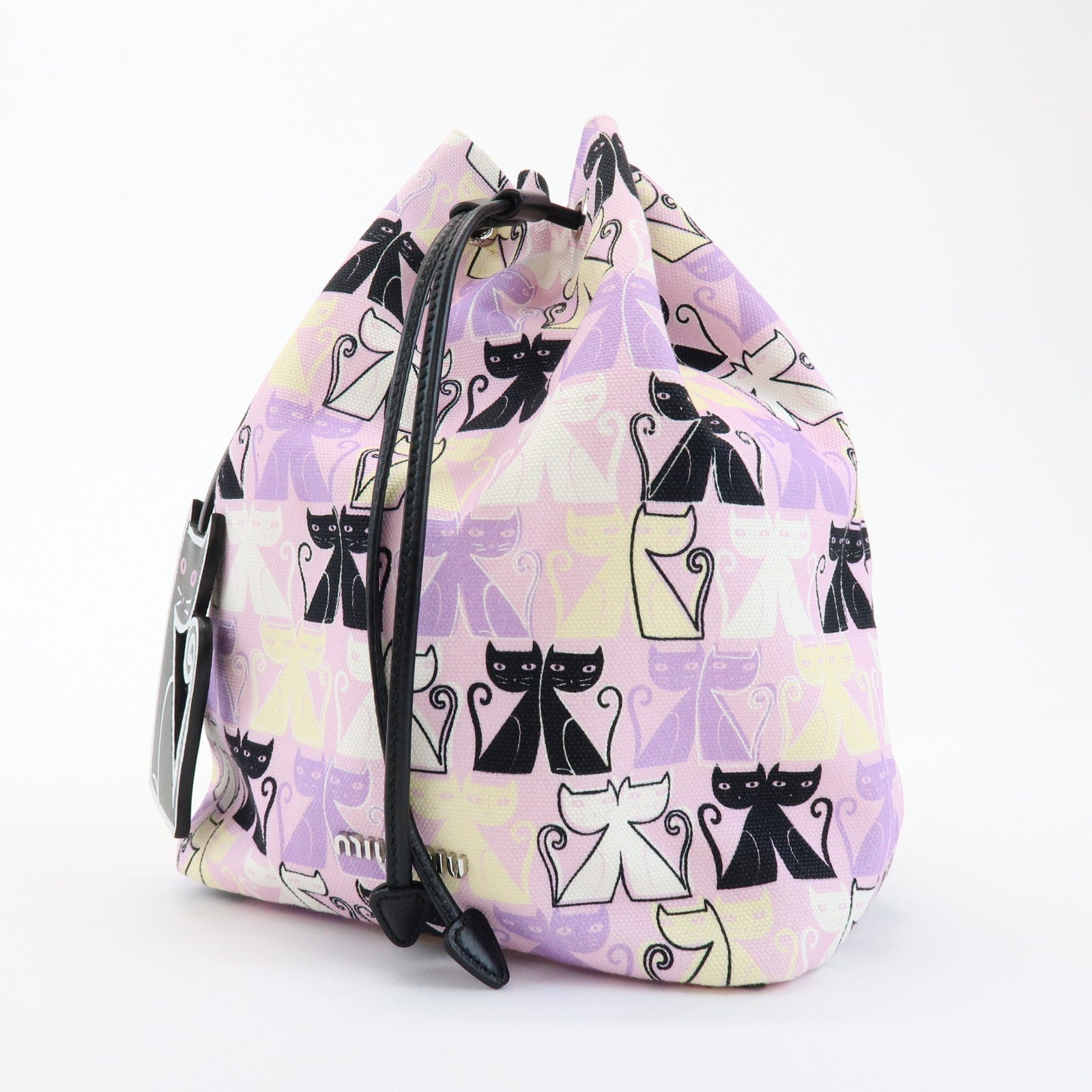 MIU MIU Logo Canvas CANAPA CATS Drawstring Pouch Bag Purple 5RM014