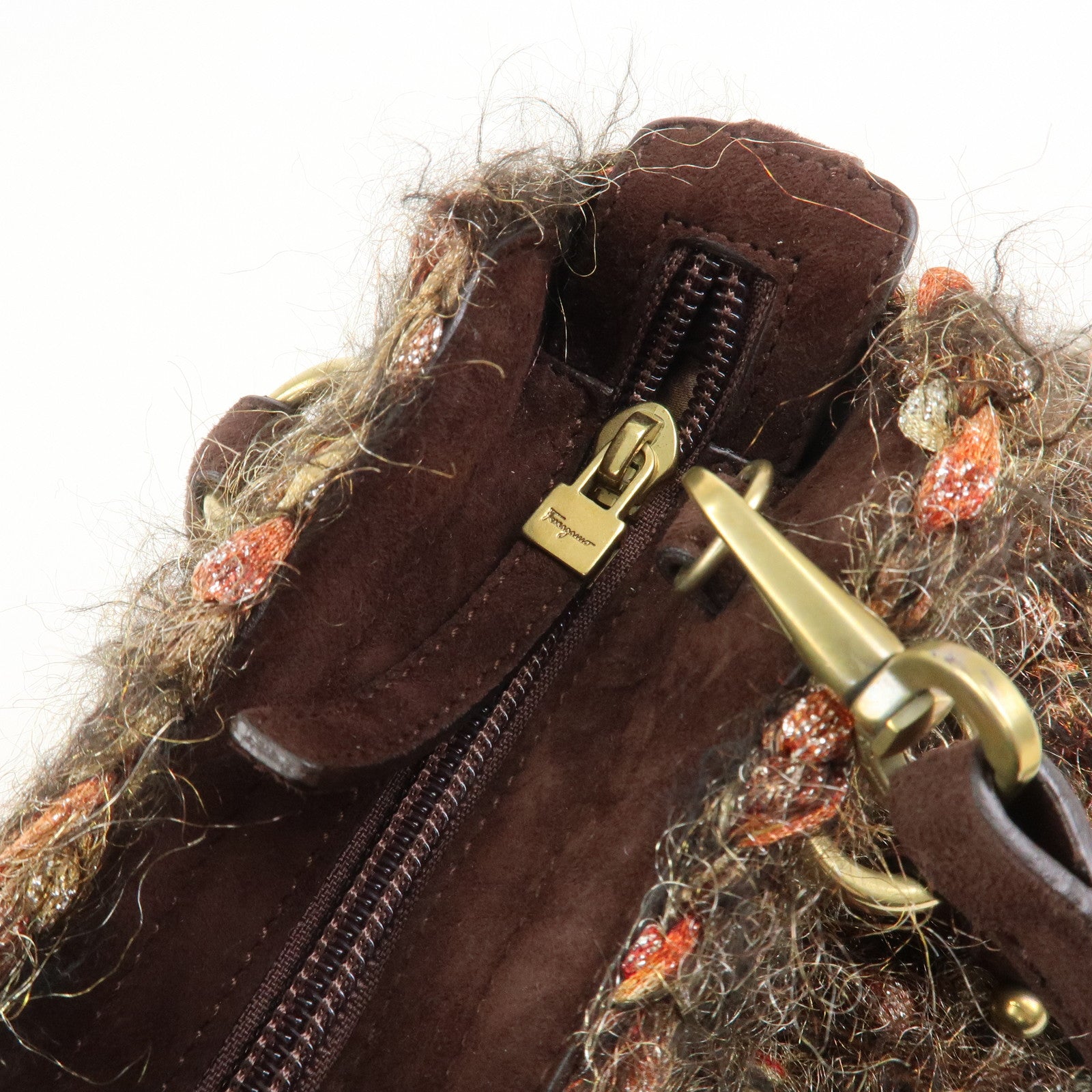 Ferragamo Gancini Wool Suede 2Way Bag Hand Bag Shoulder Bag Brown