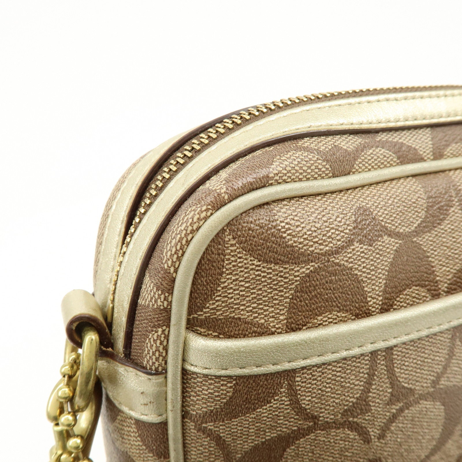 COACH Signature PVC Coated Canvas Leather Shoulder Bag Beige Gold