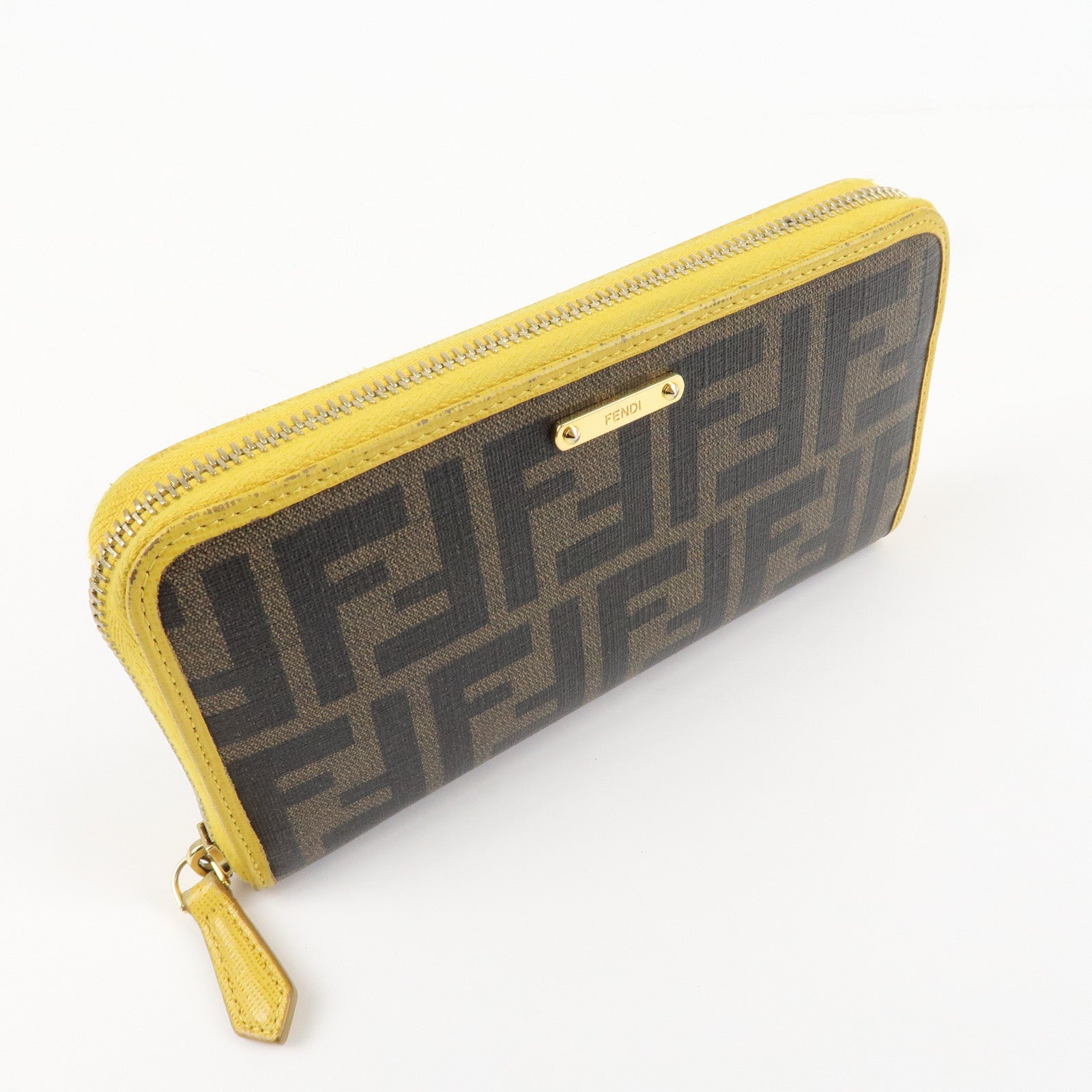 FENDI Zucca PVC Leather Round Zippy Long Wallet Brown Yellow 8M0299 Used